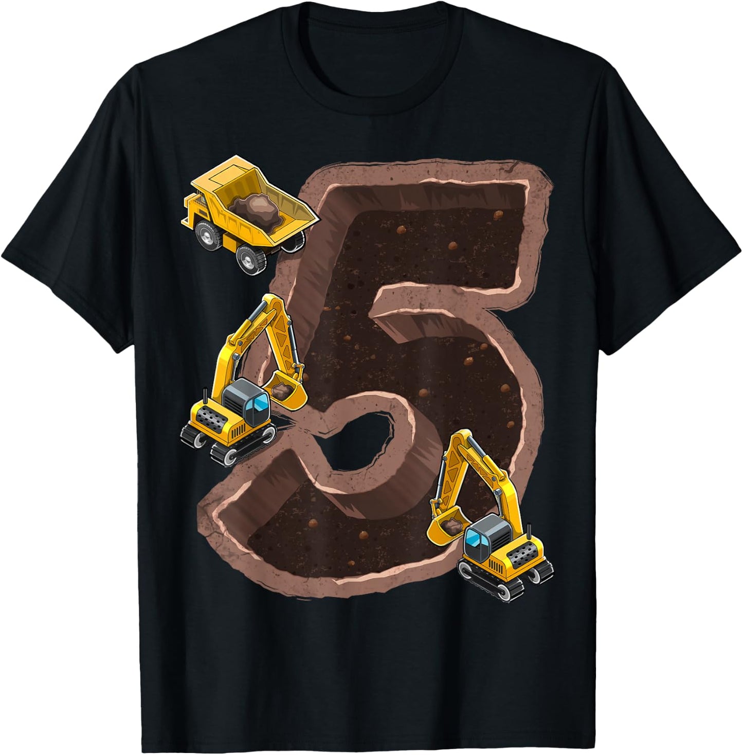5th Birthday Excavator Construction Vehicles Party Gift Boys T-Shirt - T-Shirt | Black