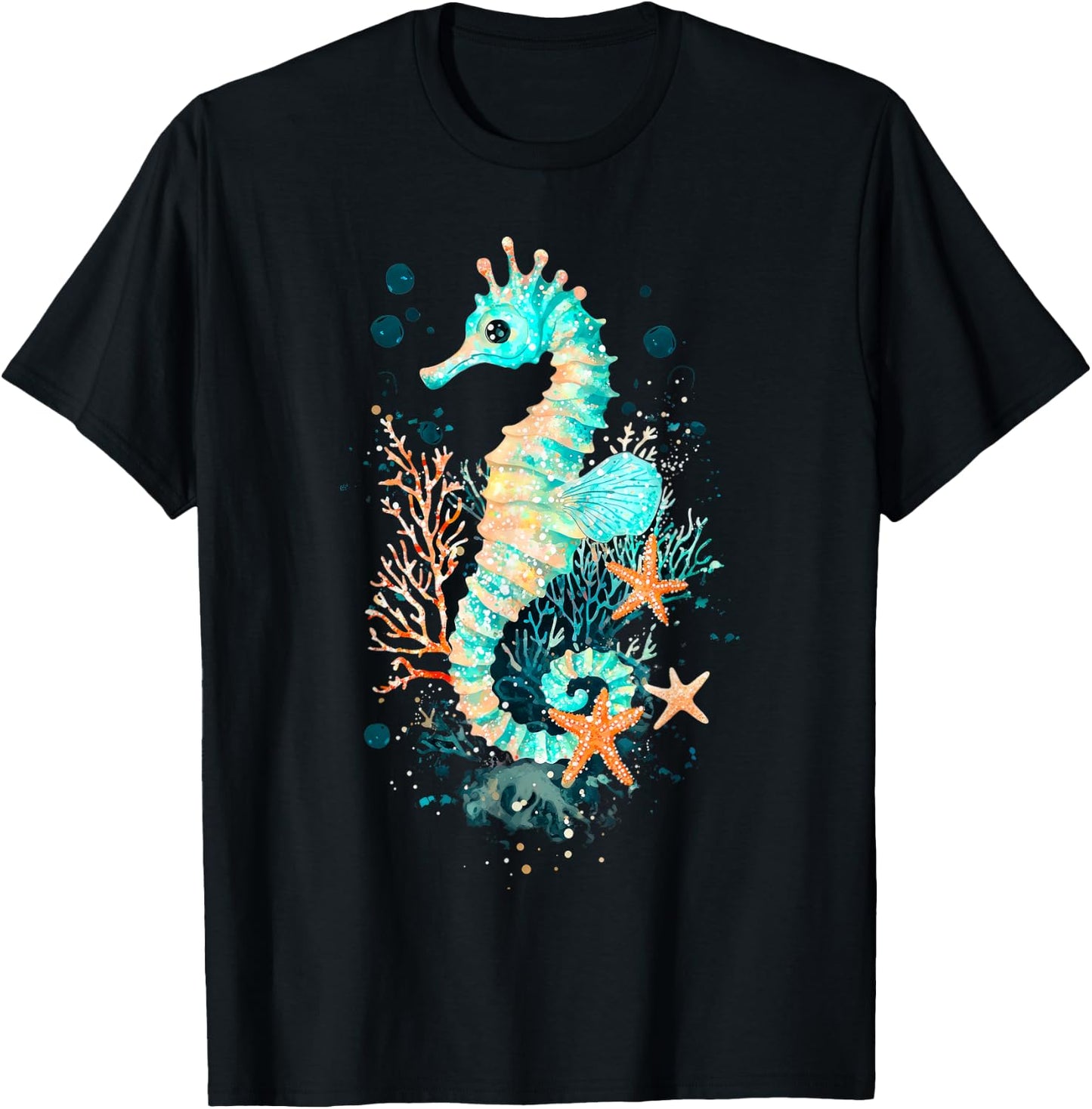 Seahorse Coral Starfish Nautical Art T-Shirt - T-Shirt | Black