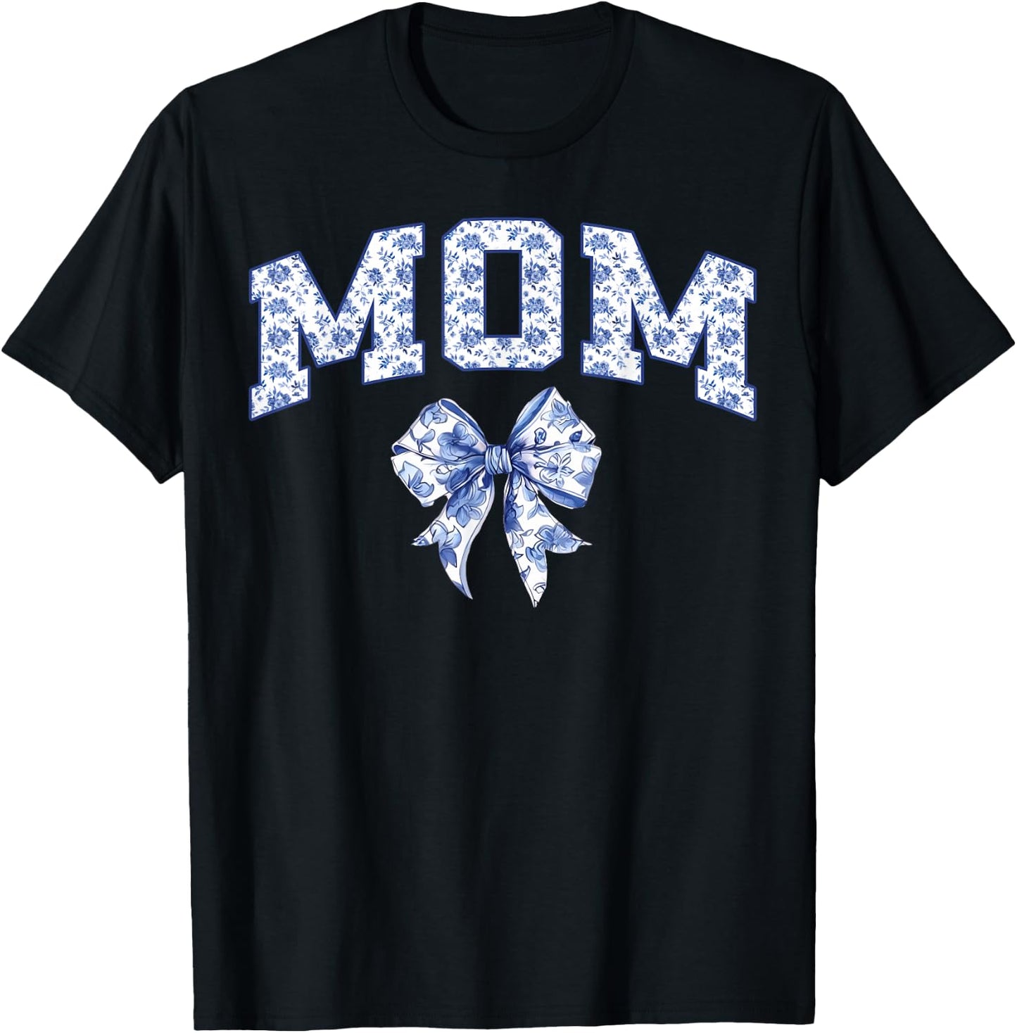 Mom Coquette Toile Blue Bow Floral Family Matching T-Shirt - T-Shirt | Black