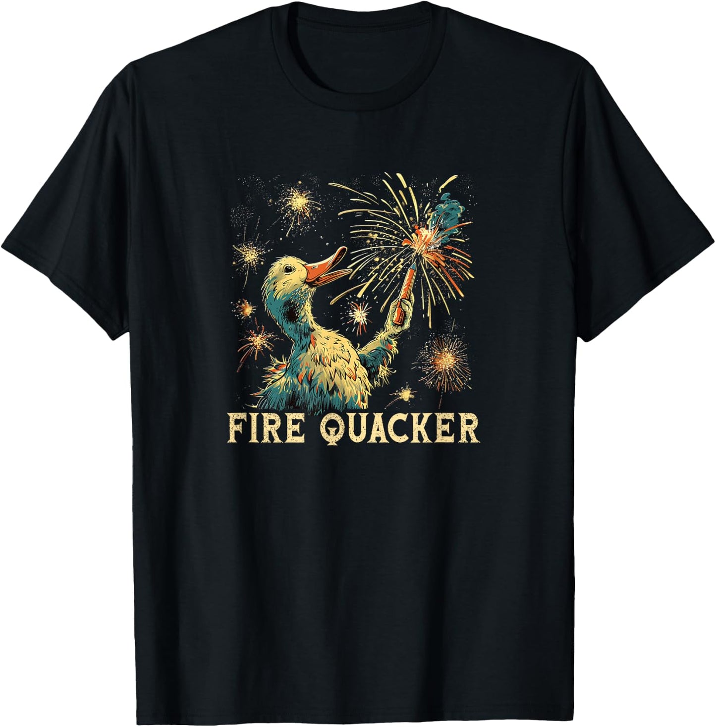 Funny Fireworks with Goose Duck - Fire Quacker T-Shirt - T-Shirt | Black