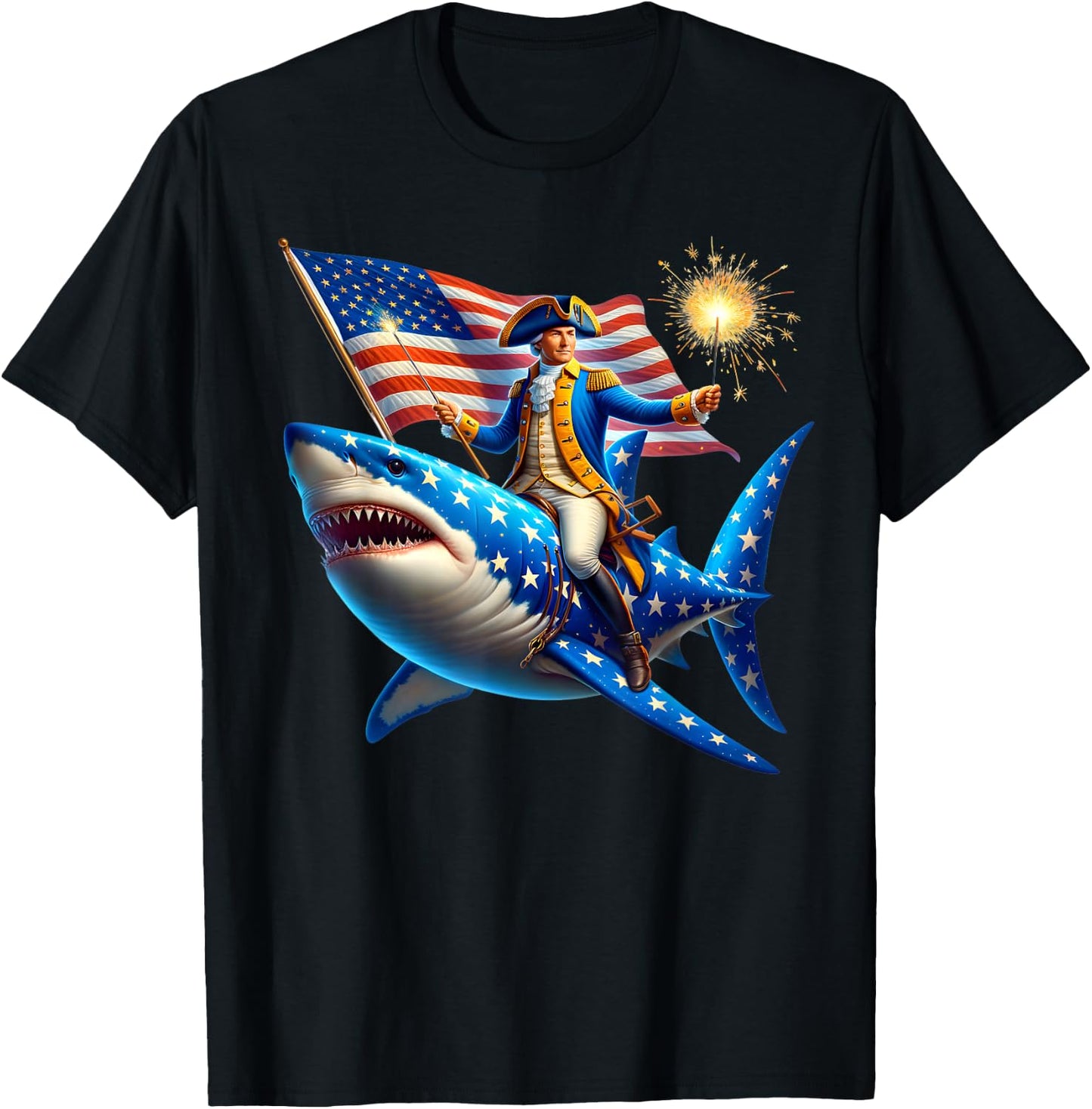 Washington Riding Shark Funny July 4th American Flag Patriot Men T-Shirt - T-Shirt | Black