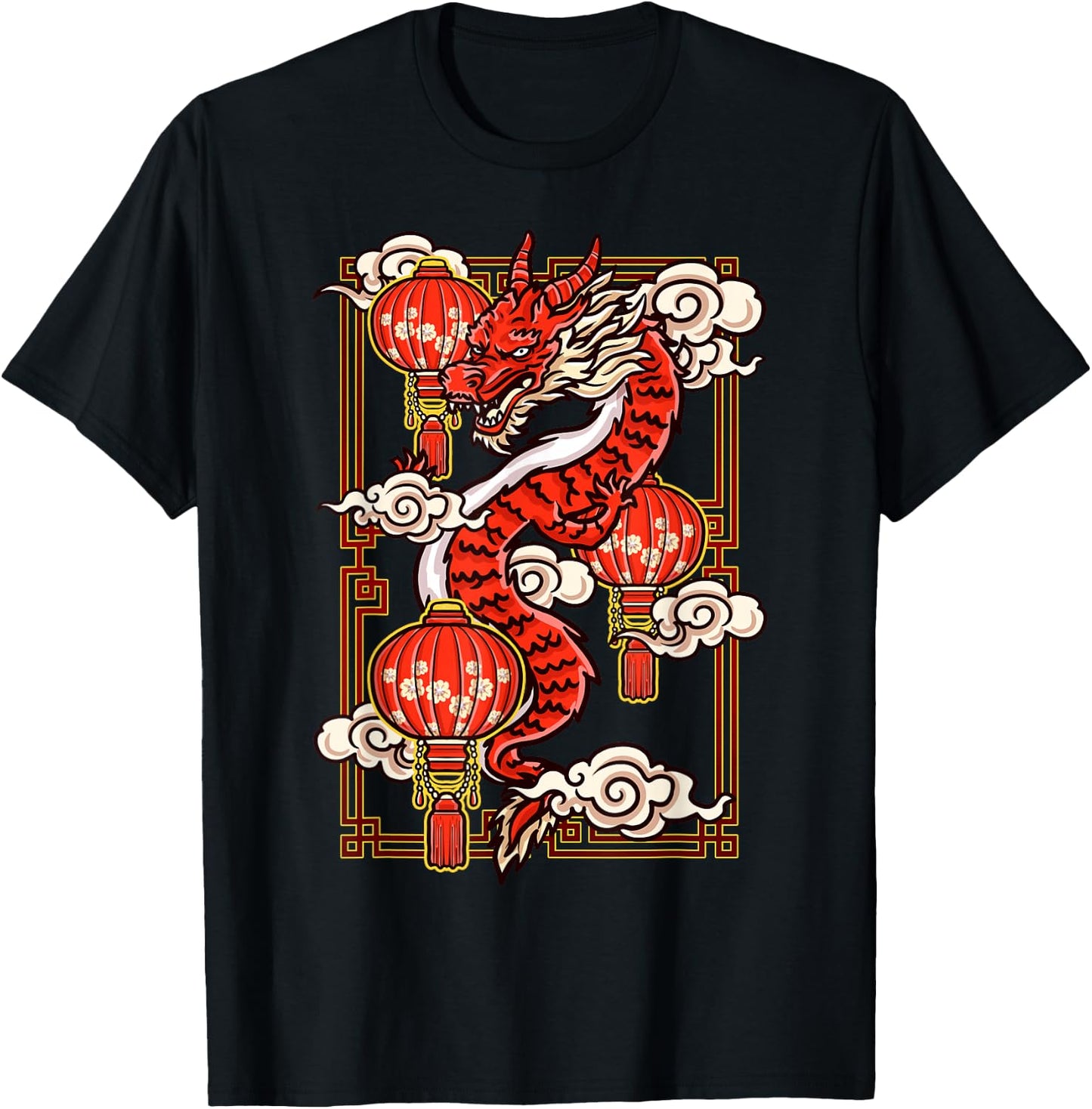 Red Chinese New Year of the Dragon 2024 Lanterns Clouds T-Shirt - T-Shirt | Black