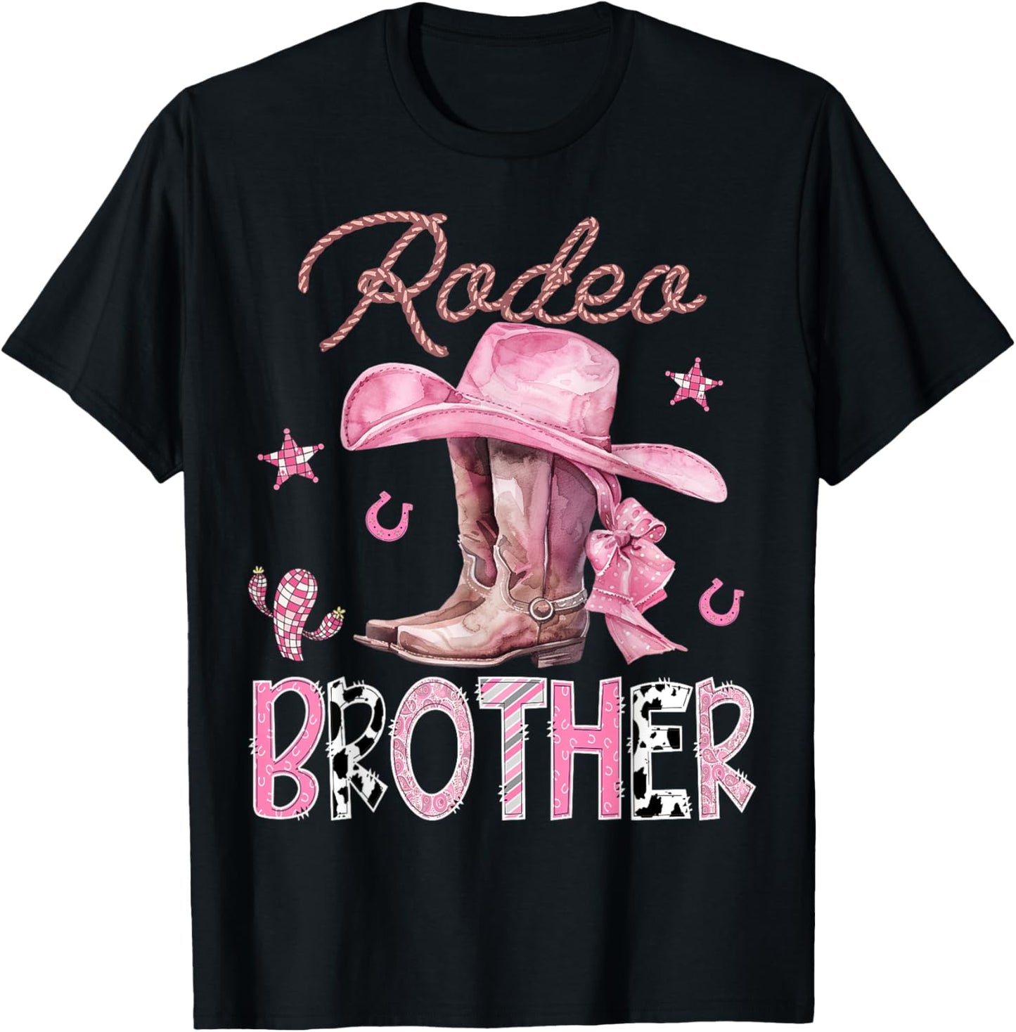 Rodeo Brother Pink Boots Coquette CowGirl Birthday Party T-Shirt - T-Shirt | Black