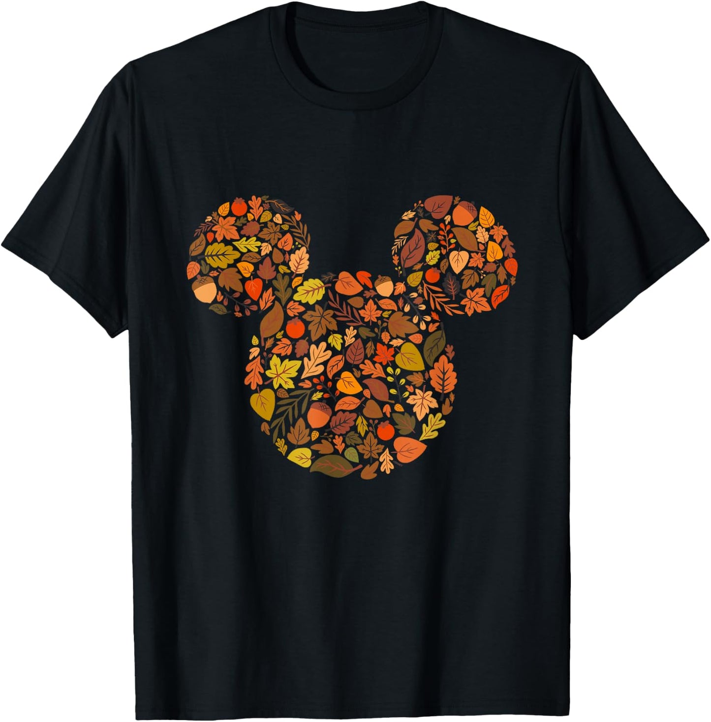 Disney Mickey Mouse Head and Ears Icon Fall Leaves T-Shirt - T-Shirt | Black