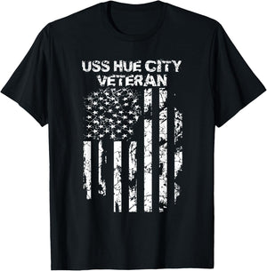 USS Hue City Military Veteran Distressed USA Flag T-Shirt - T-Shirt | Black