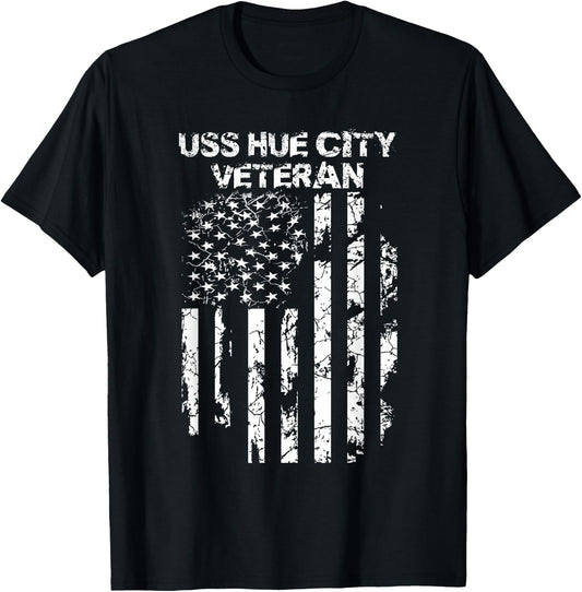 USS Hue City Military Veteran Distressed USA Flag T-Shirt - T-Shirt | Black
