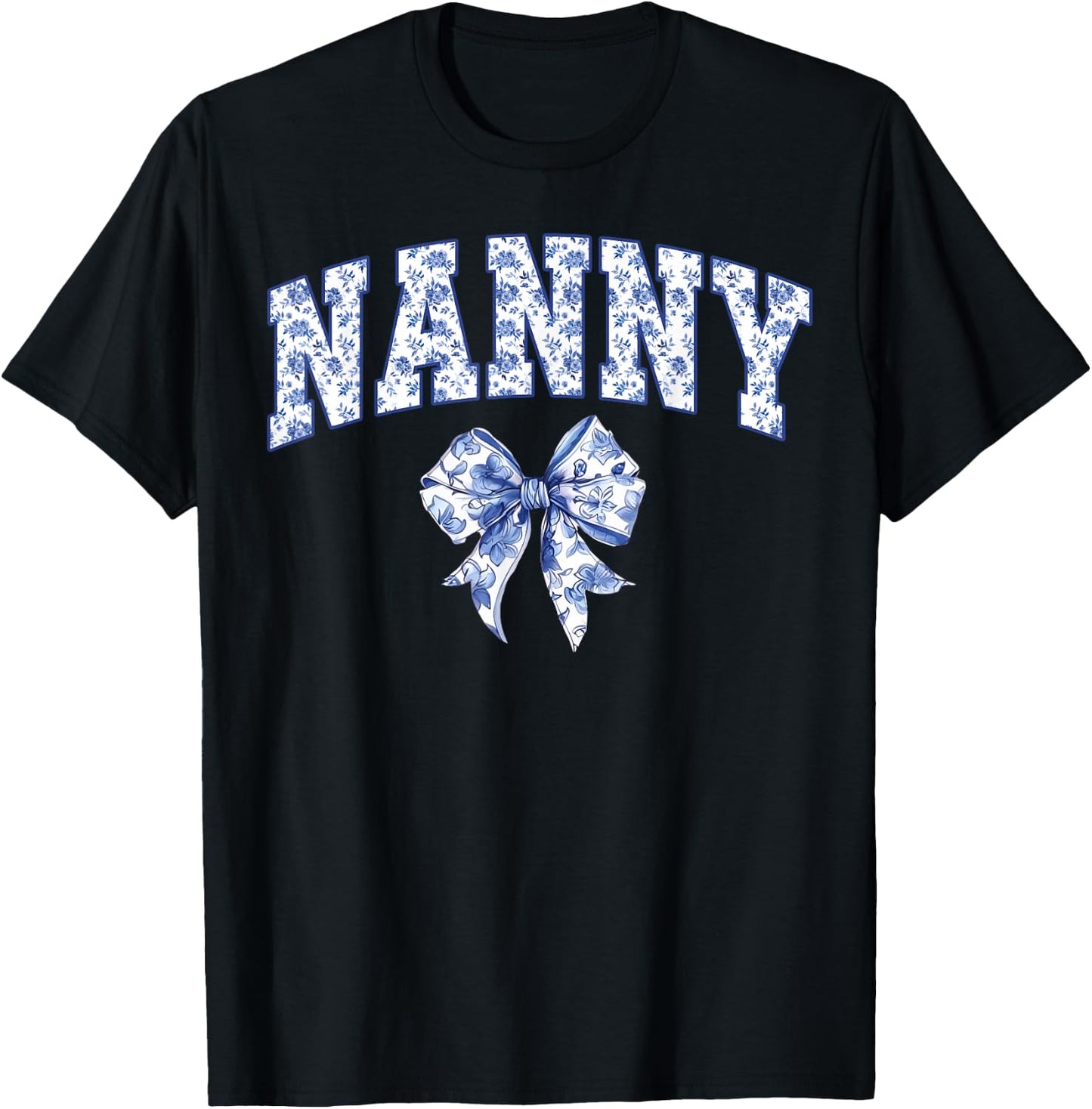 Nanny Coquette Toile Blue Bow Floral Family Matching T-Shirt - T-Shirt | Black