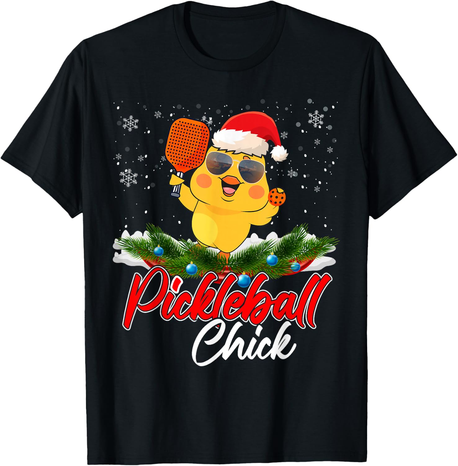 Pickleball Chick Funny Santa Hat Sunglass Snowflakes Xmas T-Shirt - T-Shirt | Black
