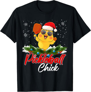 Pickleball Chick Funny Santa Hat Sunglass Snowflakes Xmas T-Shirt - T-Shirt | Black