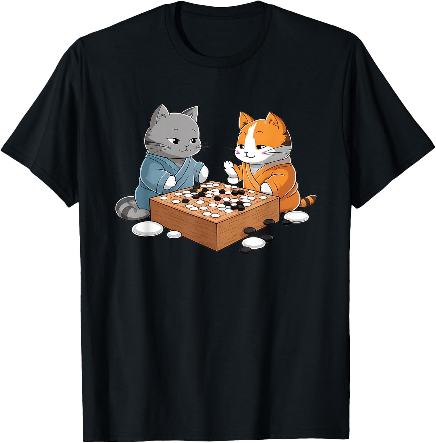 Kawaii Cat Samurais Playing Go Board Game Baduk Funny Cat T-Shirt - T-Shirt | Black