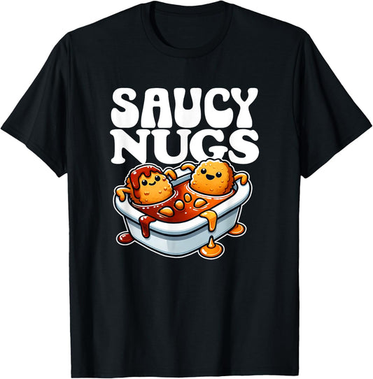 Saucy Nugs Cartoon Food Funny BBQ Sauce Chicken Nuggets T-Shirt - T-Shirt | Black