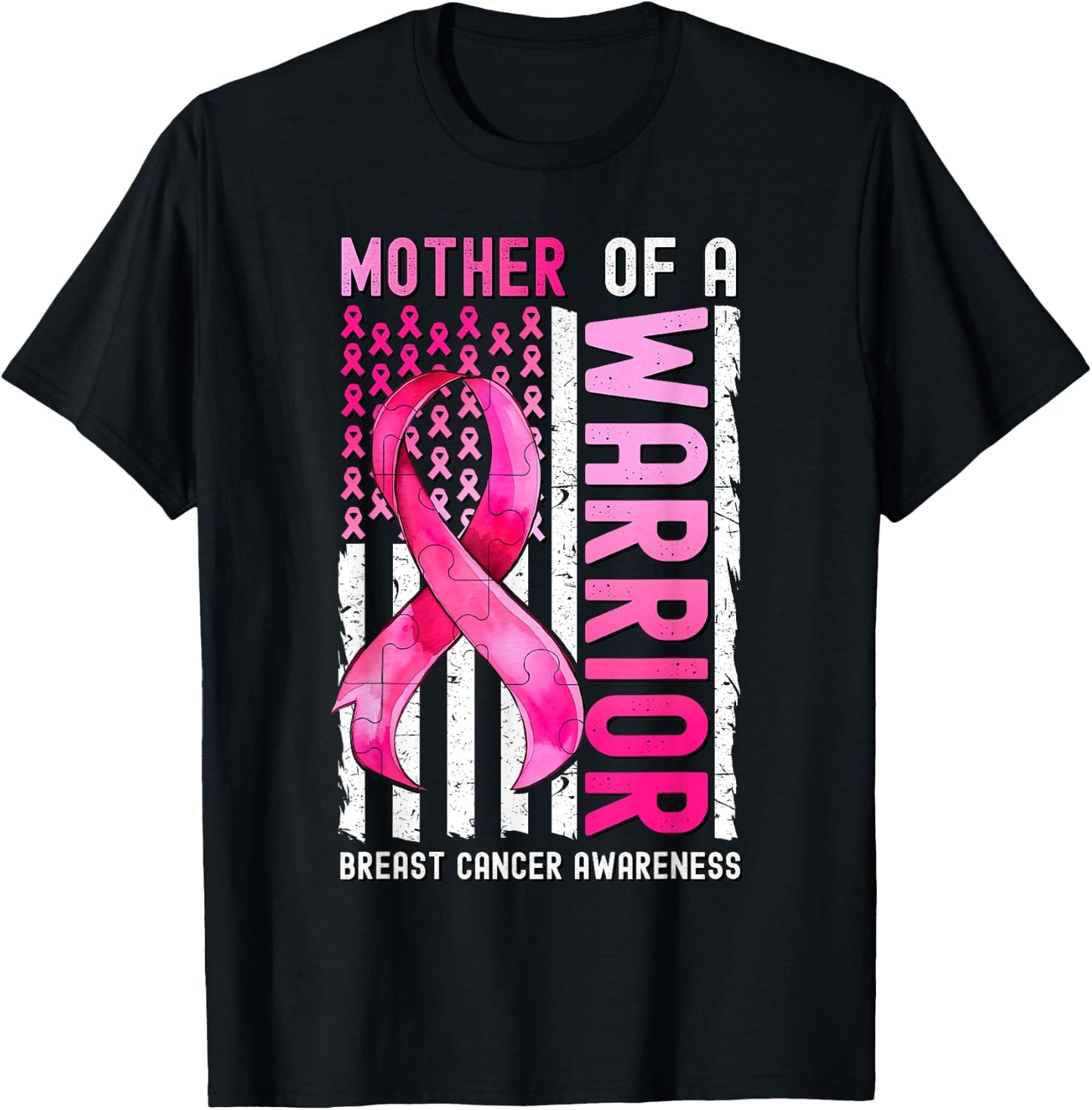 Mother Of A Warrior Breast Cancer USA Flag Awareness Pink T-Shirt - T-Shirt | Black