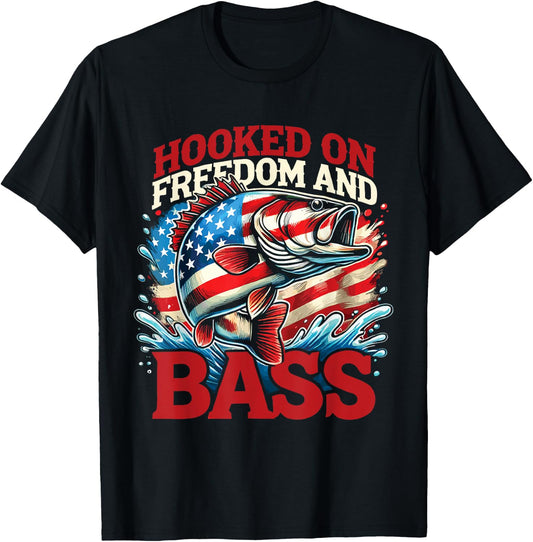Fisherman American Flag Hooked On Freedom And Bass T-Shirt - T-Shirt | Black