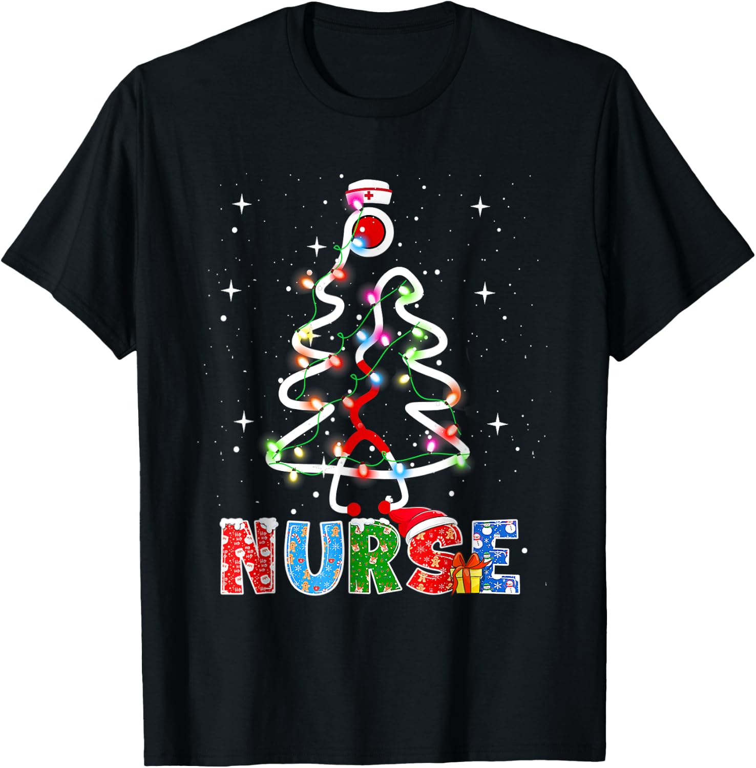 Nurse Christmas Tree Stethoscope RN LPN Scrub Nursing X-mas T-Shirt - T-Shirt | Black