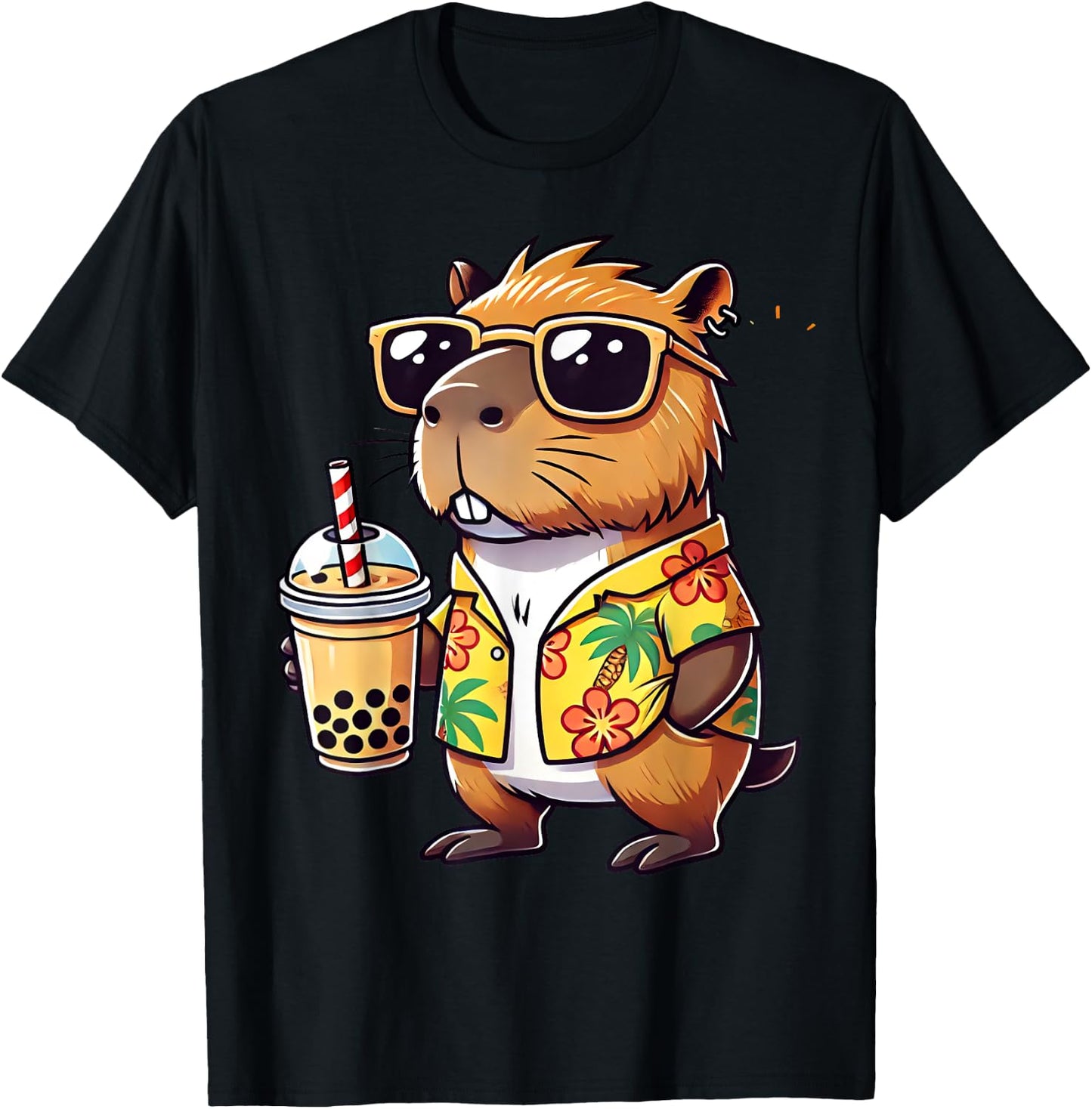 Funny Capybara Summer Hawaii Boba Tea Sunglass Men Women T-Shirt - T-Shirt | Black