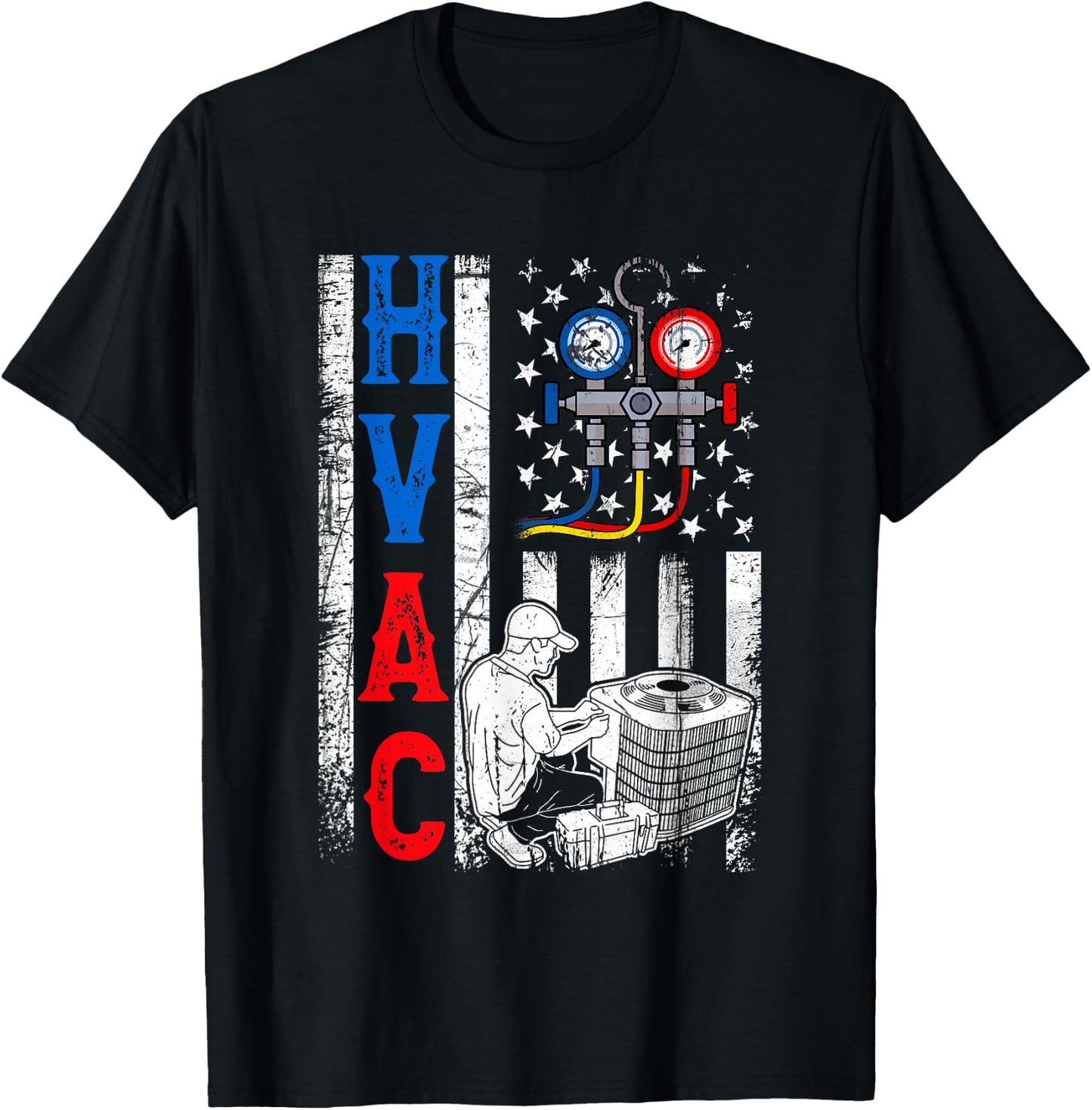 Distressed Proud USA HVAC Tech American Flag HVAC Technician T-Shirt - T-Shirt | Black