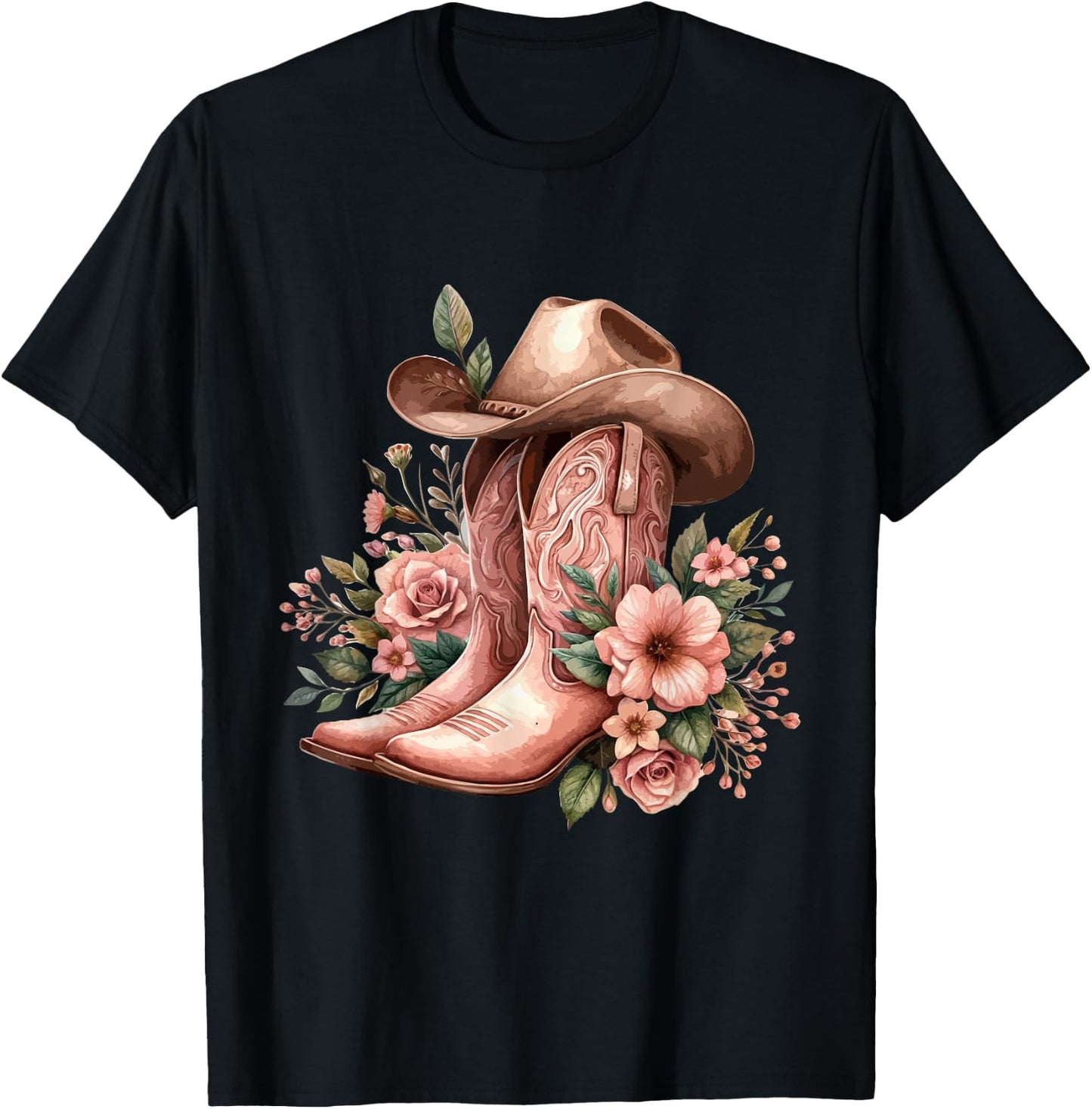 Boho Watercolor Cowgirl Boots Hat Floral Boots Western Boots T-Shirt - T-Shirt | Black