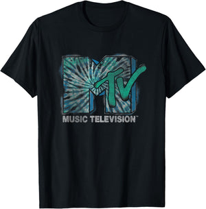 MTV Blue Green Tie Dyed I Want My MTV Front & Back T-Shirt - T-Shirt | Black