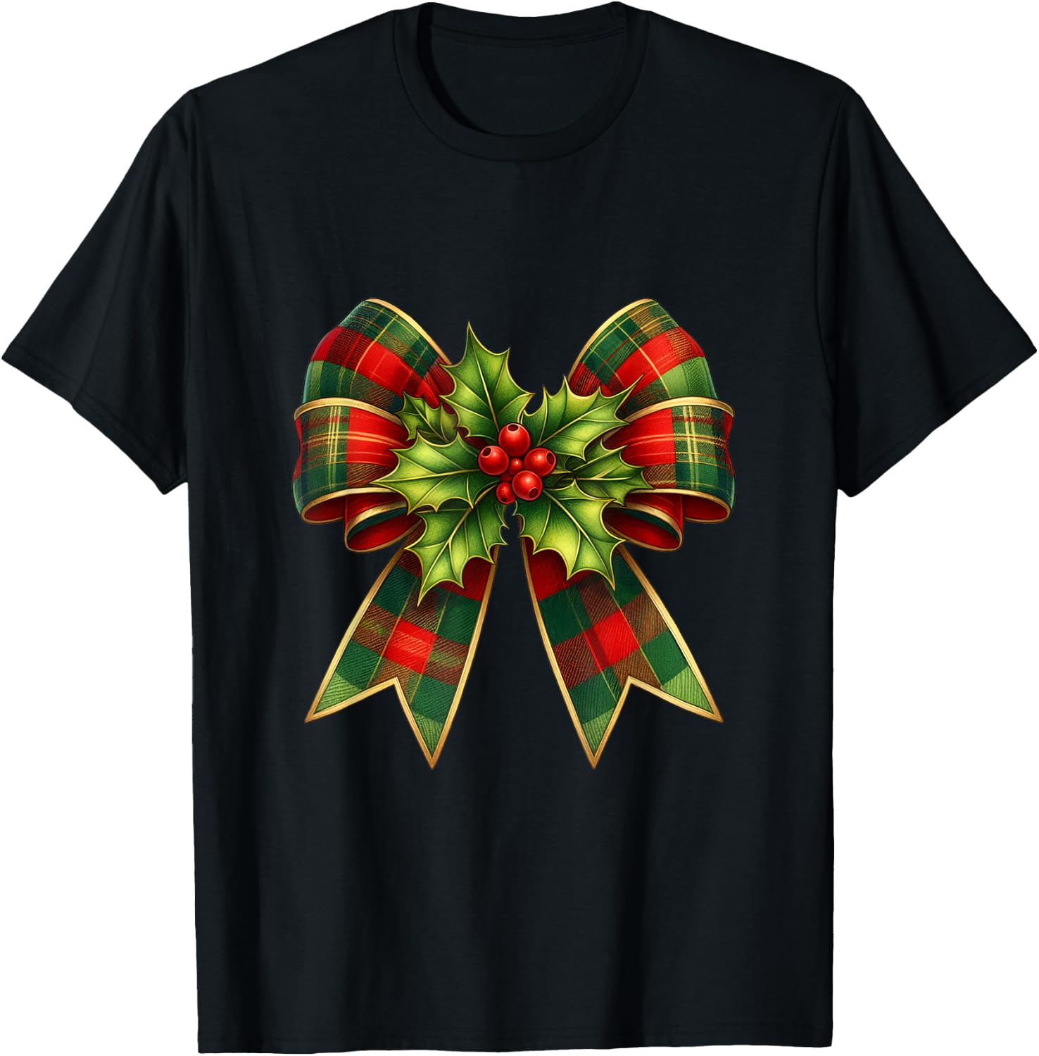 Holly Berries Christmas Coquette Bow Xmas Plaid Women Girls T-Shirt - T-Shirt | Black