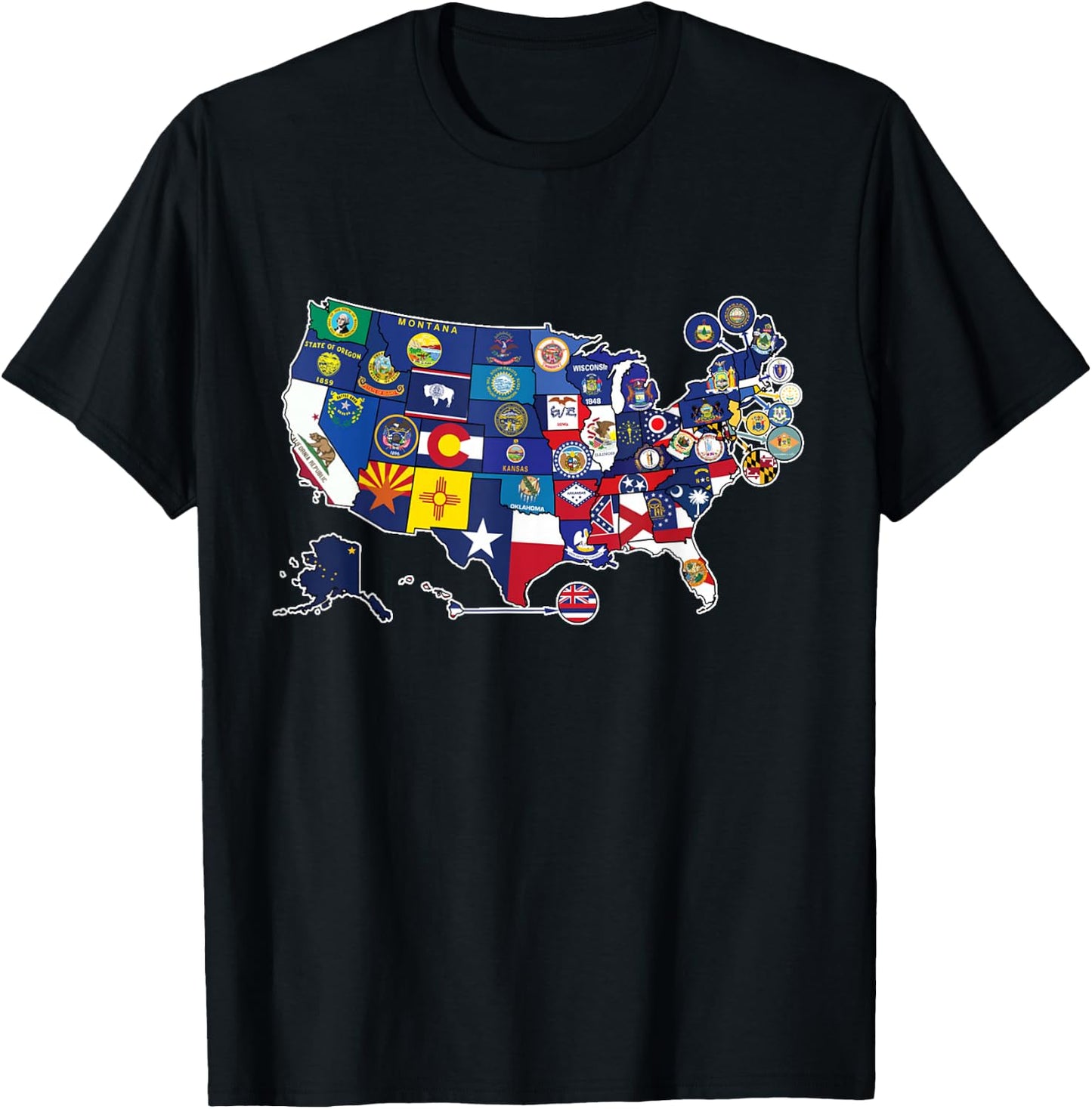 Map of The United States with The Flag of Every States - USA T-Shirt - T-Shirt | Black
