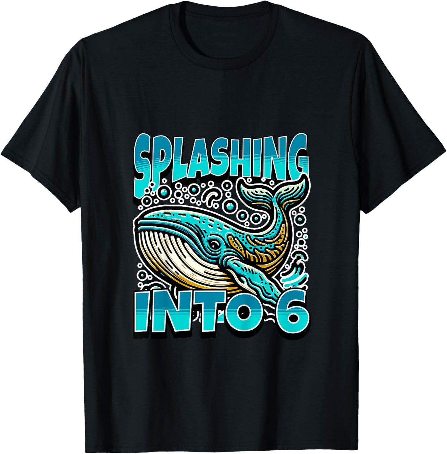 Kids Whale Splashing Into 6 Year Old 6th Birthday Boy T-Shirt - T-Shirt | Black