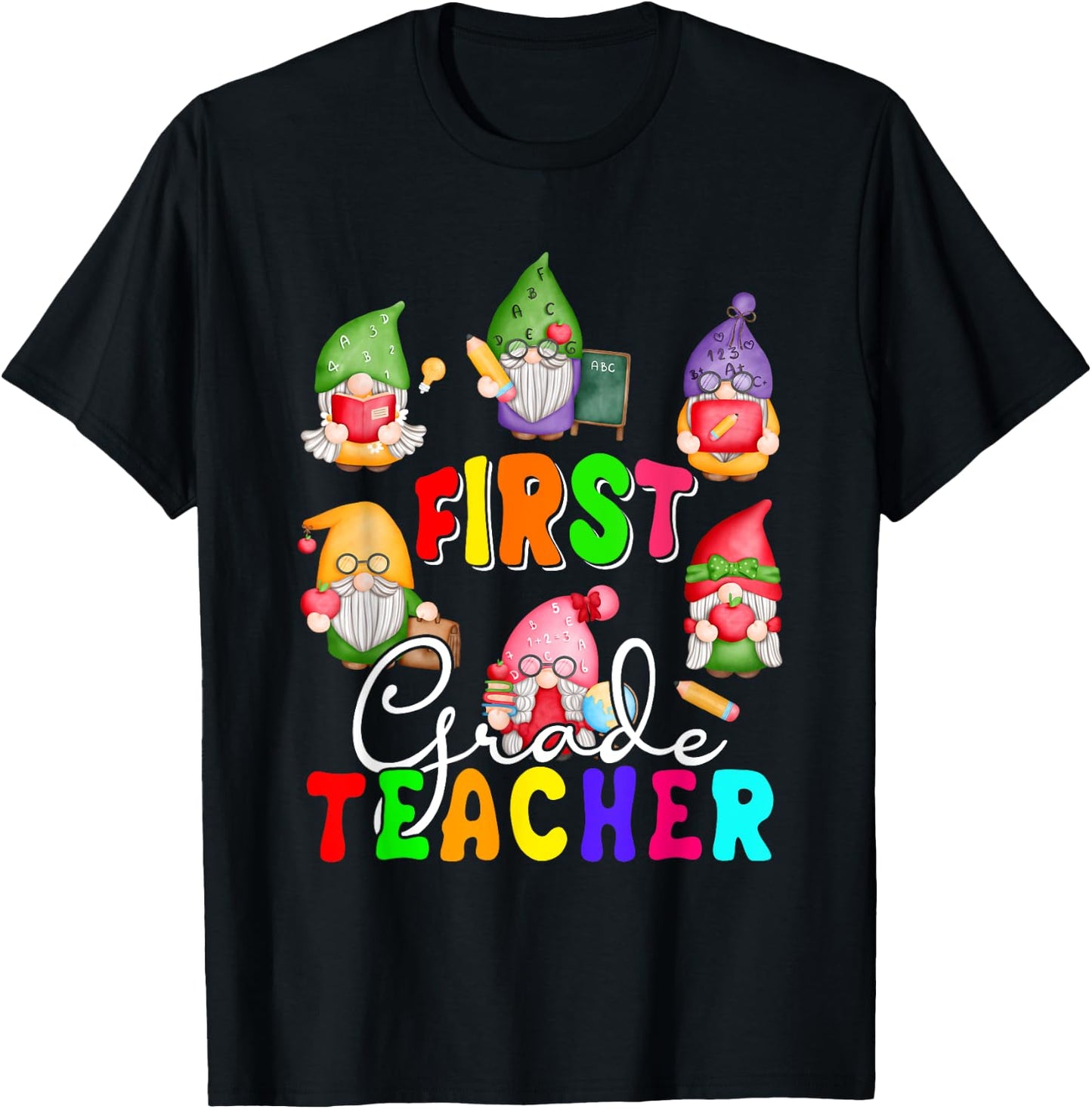 First Grade Teacher Cute Gnomes Holding Books Pencils T-Shirt - T-Shirt | Black