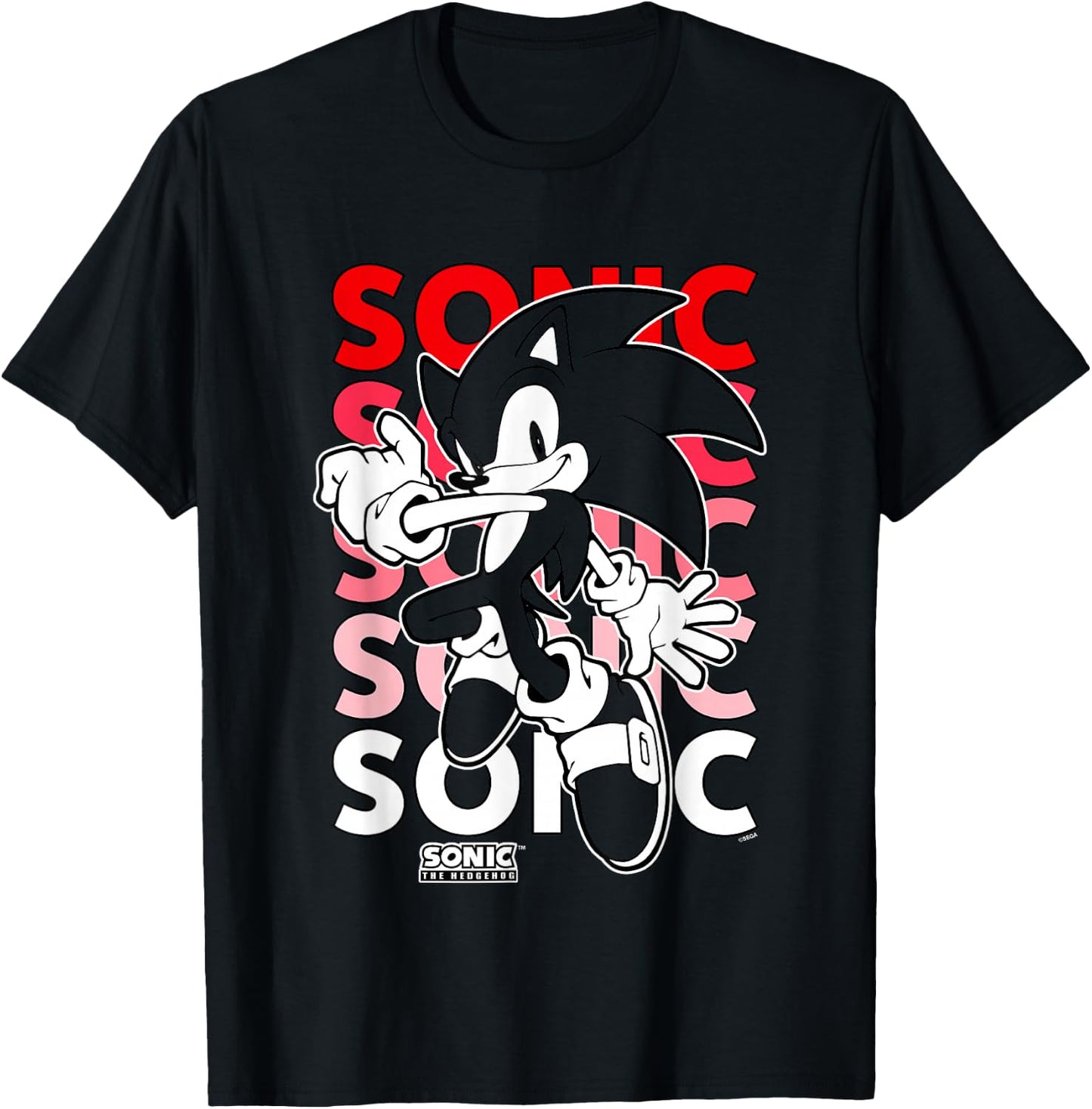 Sonic The Hedgehog Stacked Repeating Name Retro Shot T-Shirt - T-Shirt | Black