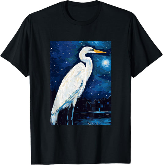 Great Egret Starry Night Painting Men Women Kids T-Shirt - T-Shirt | Black