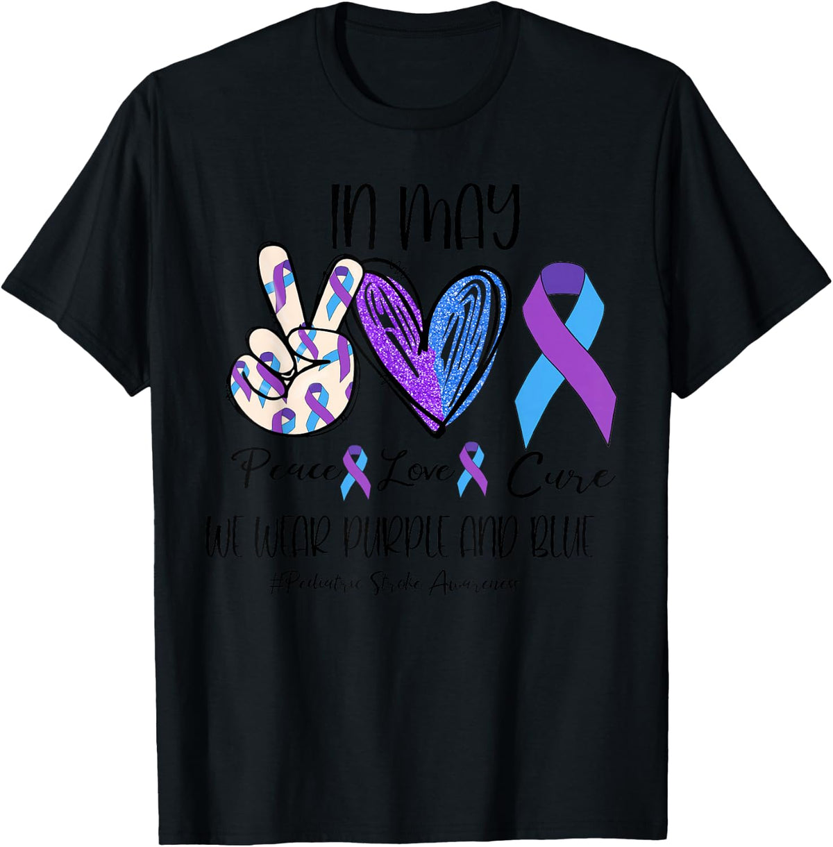Peace Love Cure Purple and Blue Pediatric Stroke Awareness T-Shirt - T-Shirt | Black