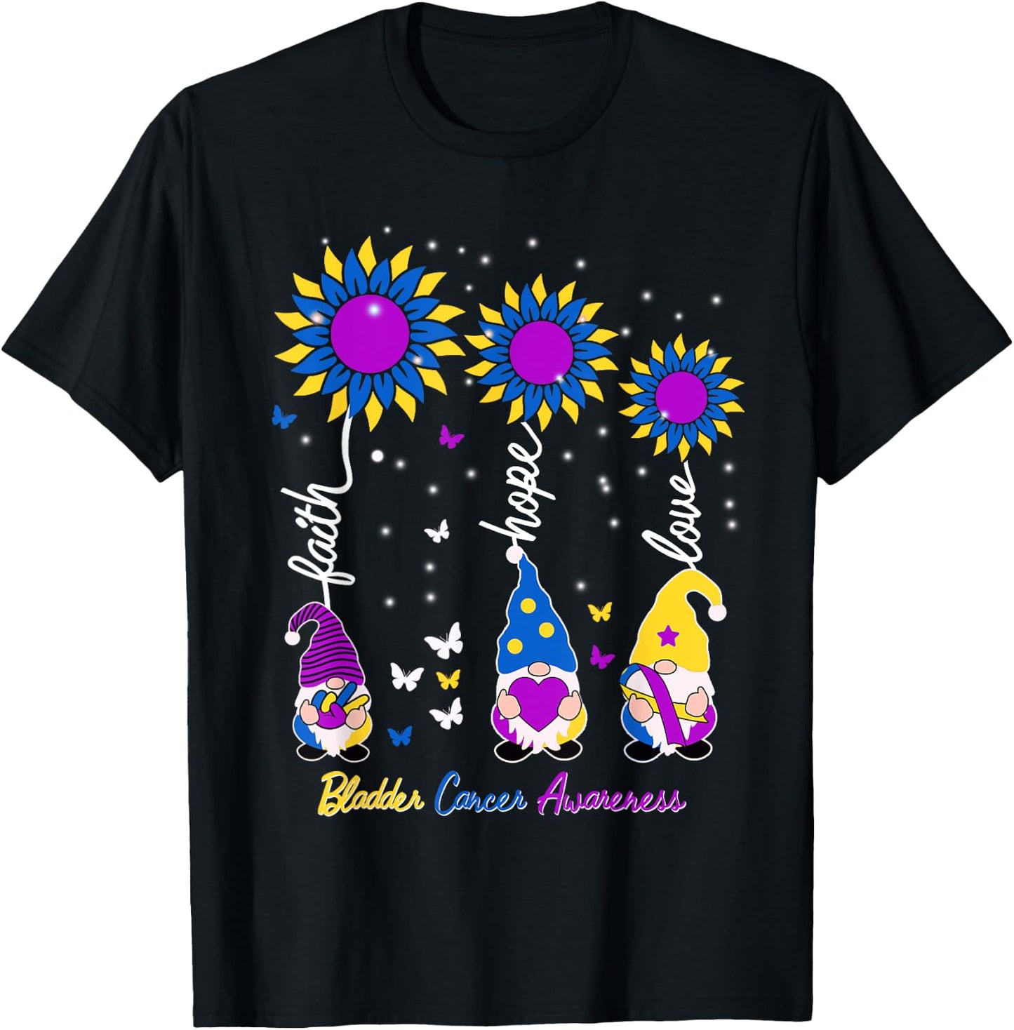 Faith Hope Love Gnome Ribbon Bladder Cancer Awareness Gifts T-Shirt - T-Shirt | Black