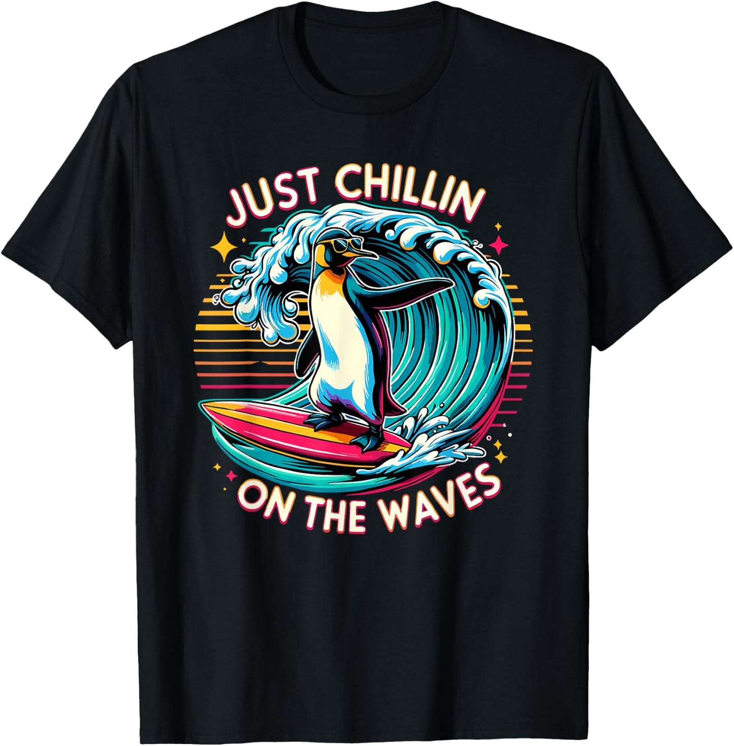 Just Chillin' On The Waves Funny Surfing Penguin Design T-Shirt - T-Shirt | Black
