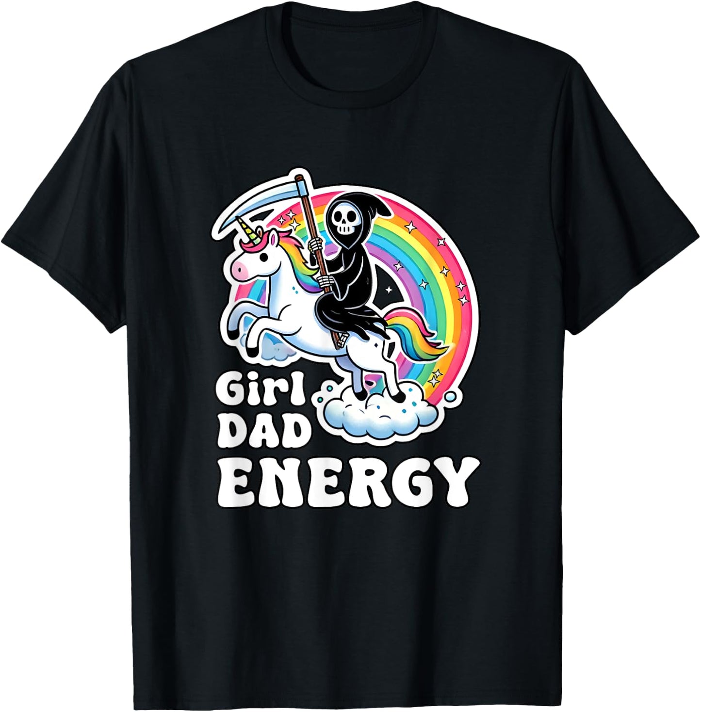 Funny Girl Dad Energy Retro Unicorn Grim Reaper T-Shirt - T-Shirt | Black