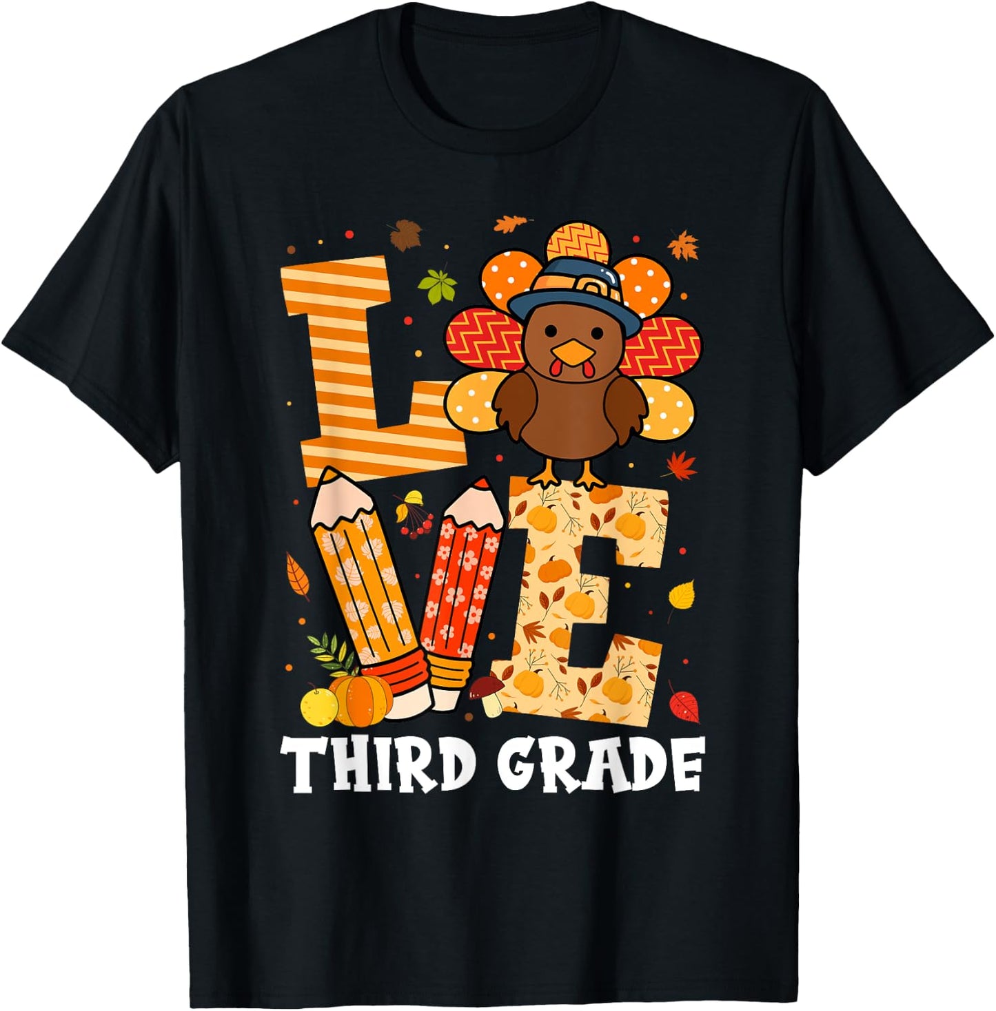 Thanksgiving Love Third Grade Teacher Turkey Autumn Fall Men Women Girls Kids T-Shirt - T-Shirt | Black