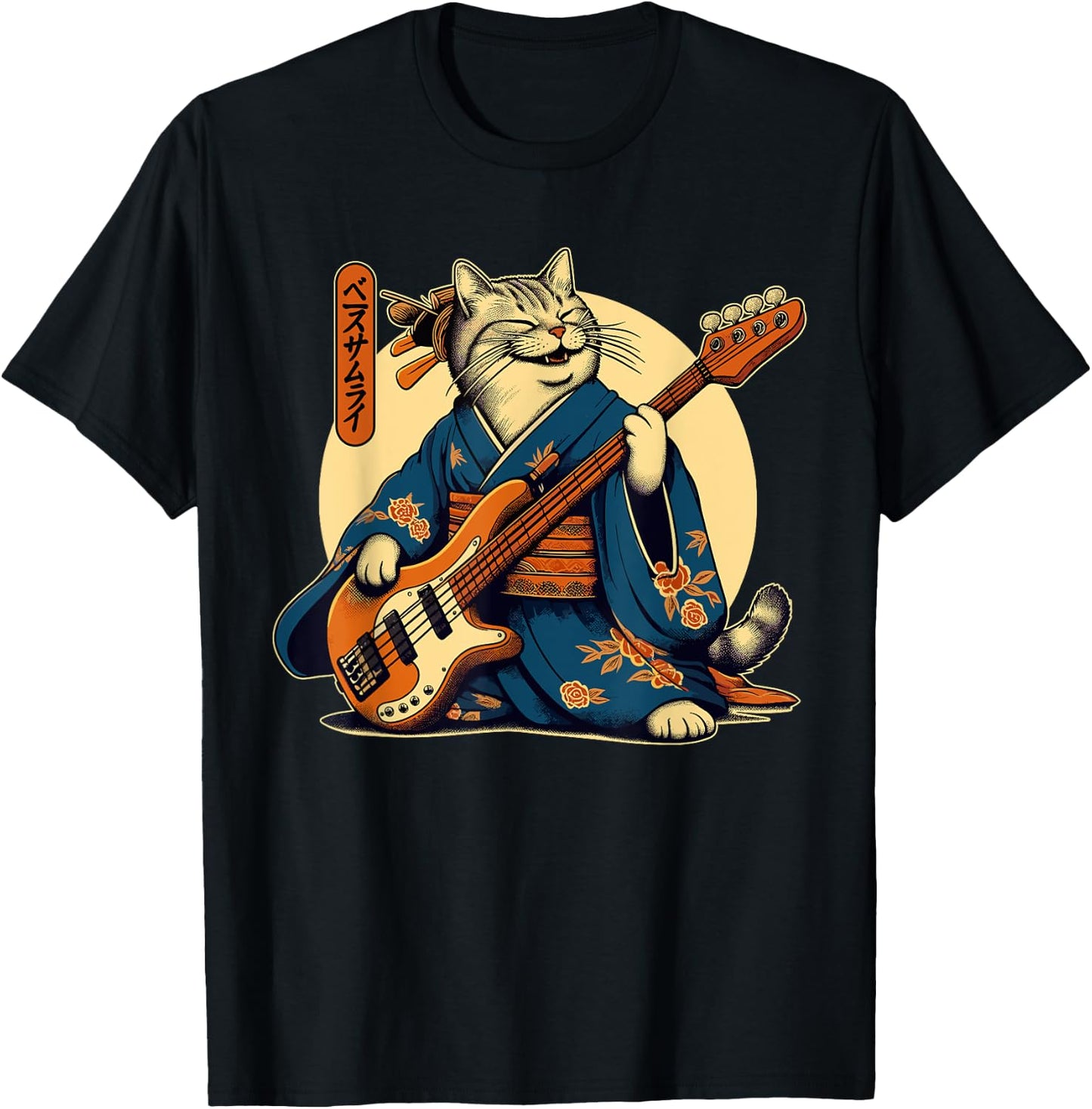 Japanese Samurai Cat Playing The Bass T-Shirt - T-Shirt | Black
