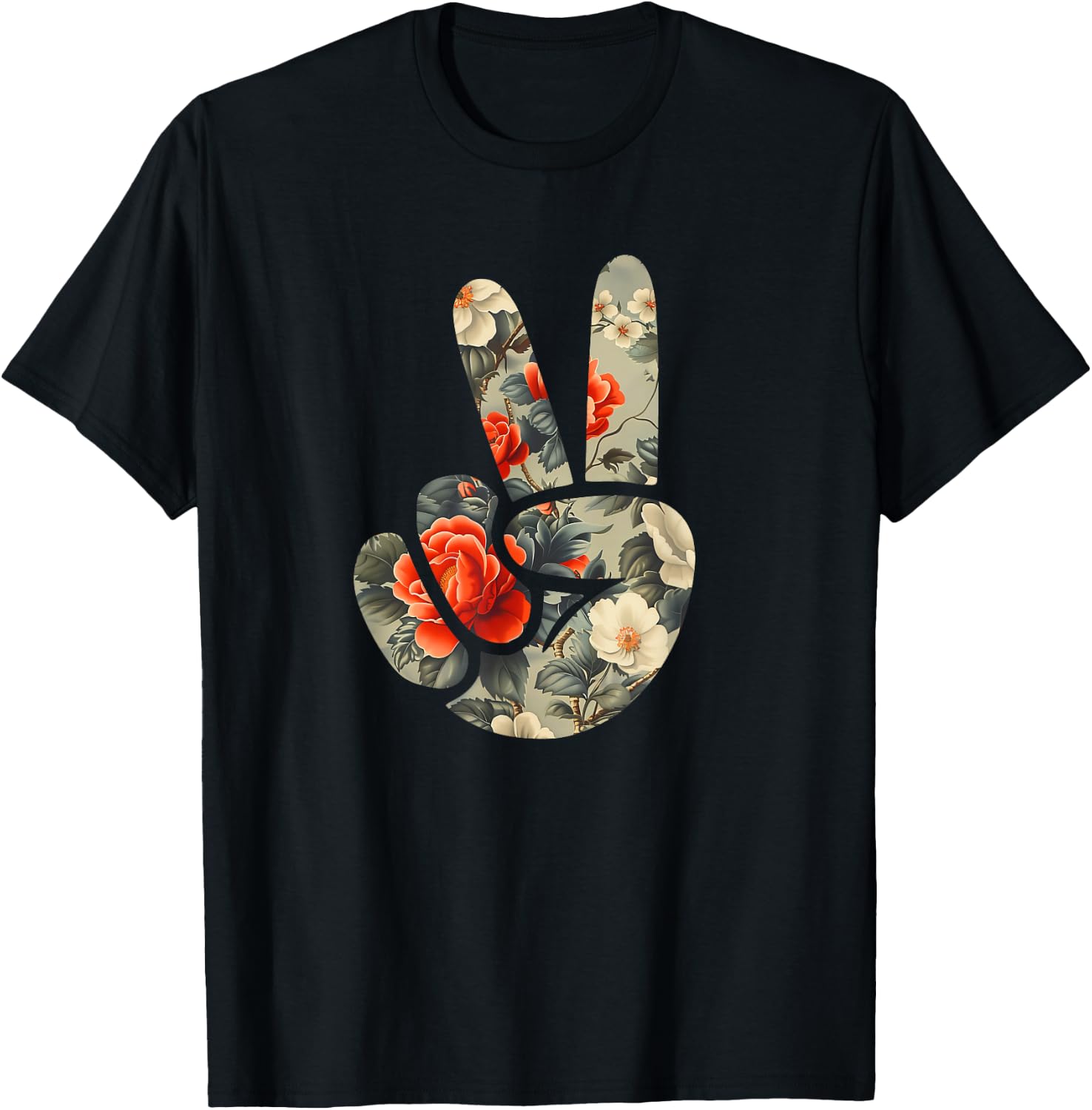 Elegant Silhouette Wildflowers Floral Peace Sign Hand T-Shirt - T-Shirt | Black