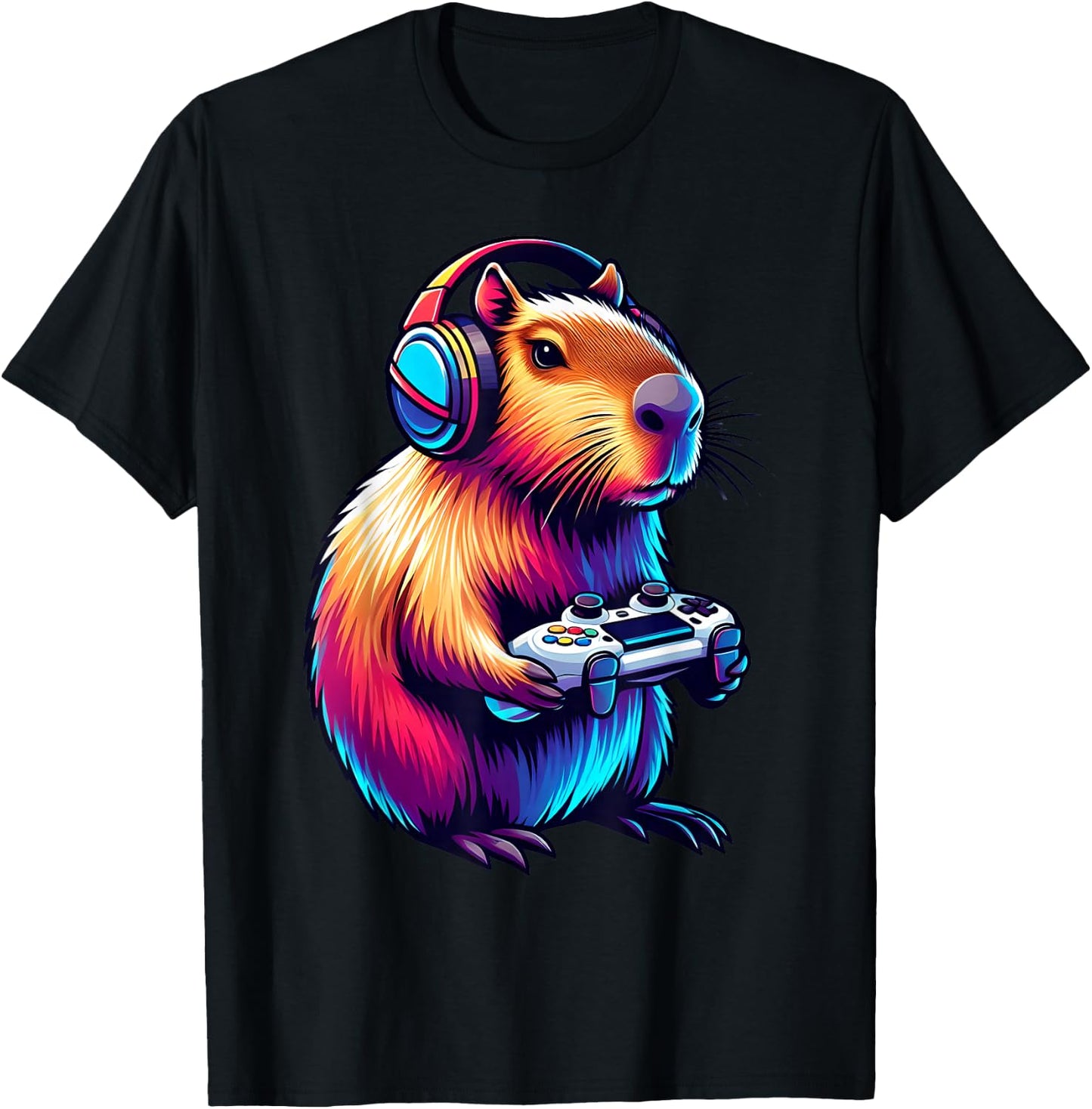 Gaming Capybara Rodent Playing Video Games Gamer Headphones T-Shirt - T-Shirt | Black