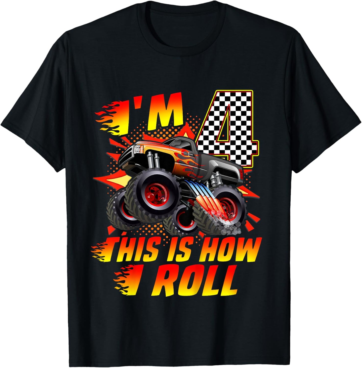 Kids I'm 4 This Is How I Roll Monster Truck Car 4th Birthday Boys T-Shirt - T-Shirt | Black