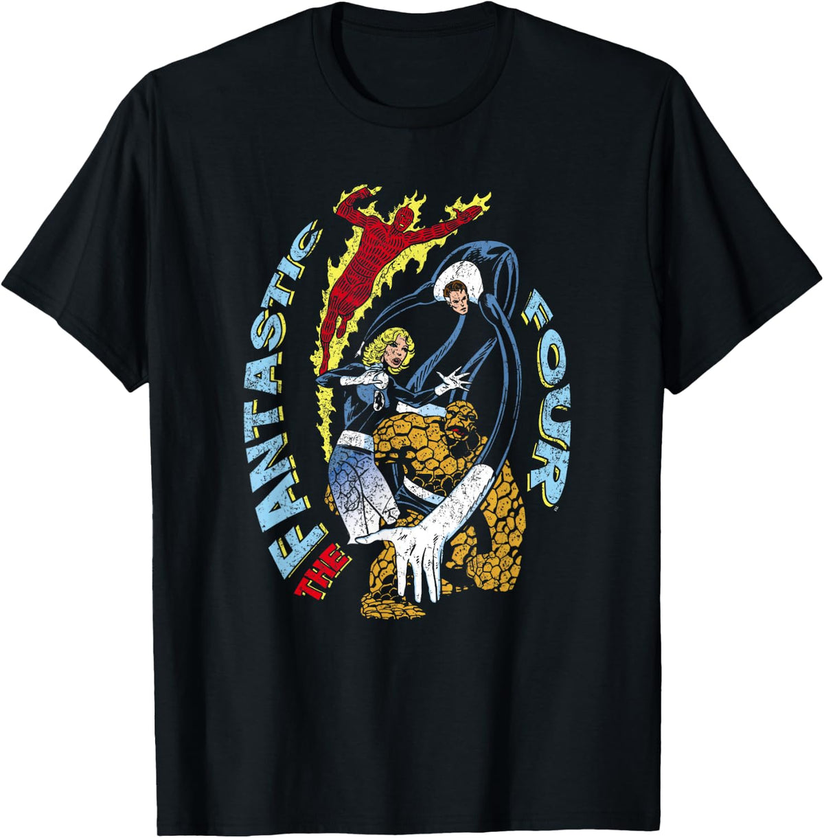 Marvel Fantastic Four Group Shot Comic Distressed Logo T-Shirt - T-Shirt | Black
