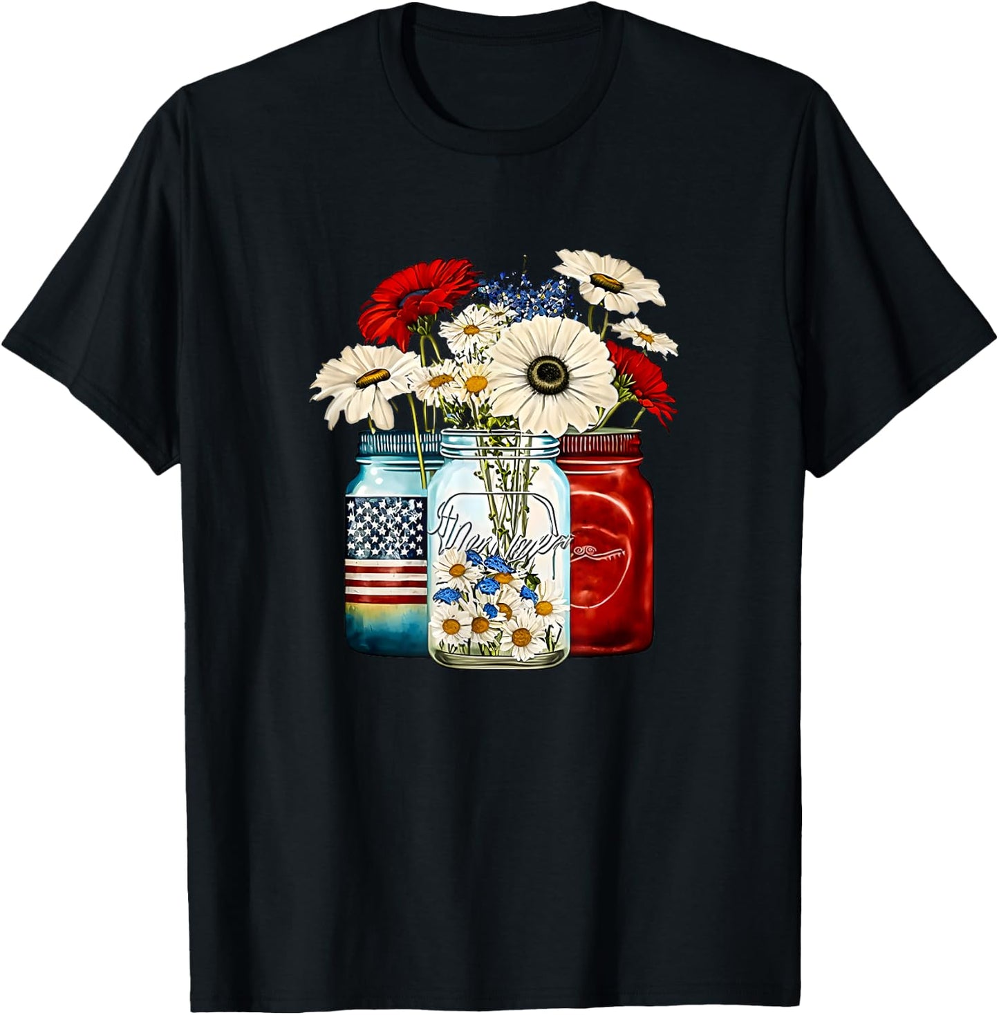 American Patriotic USA Flag Jars with Daisy 4th Of July Men T-Shirt - T-Shirt | Black