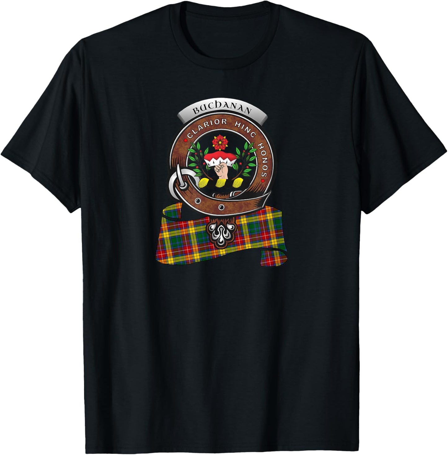 Buchanan Scottish Clan Badge & Tartan T-Shirt - T-Shirt | Black