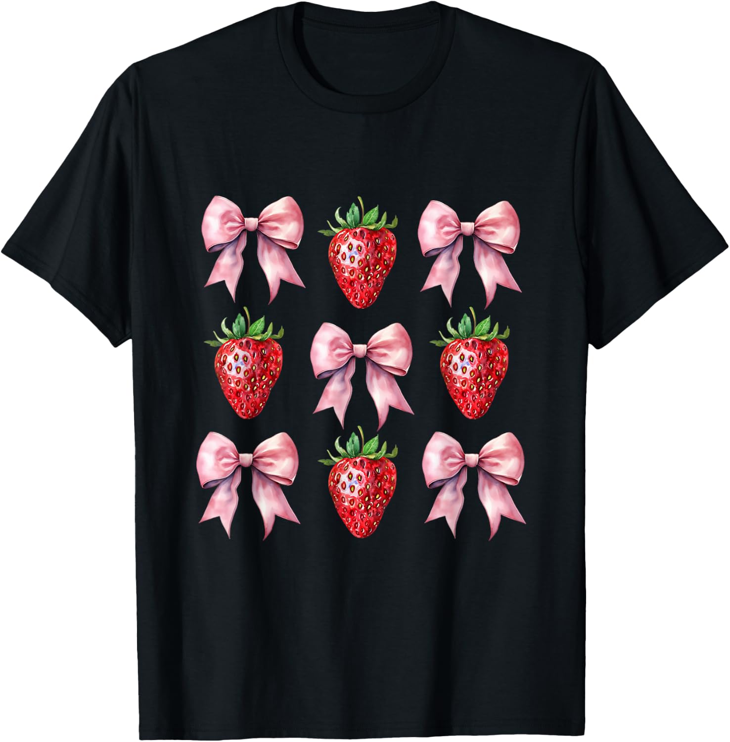 Cute Pink Bow Coquette Strawberry T-Shirt - T-Shirt | Black