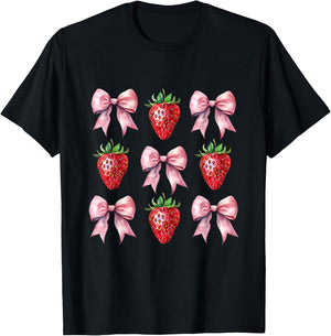Cute Pink Bow Coquette Strawberry T-Shirt - T-Shirt | Black