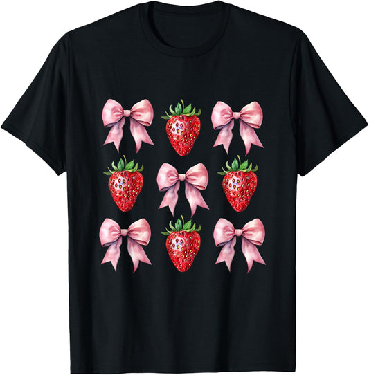 Cute Pink Bow Coquette Strawberry T-Shirt - T-Shirt | Black