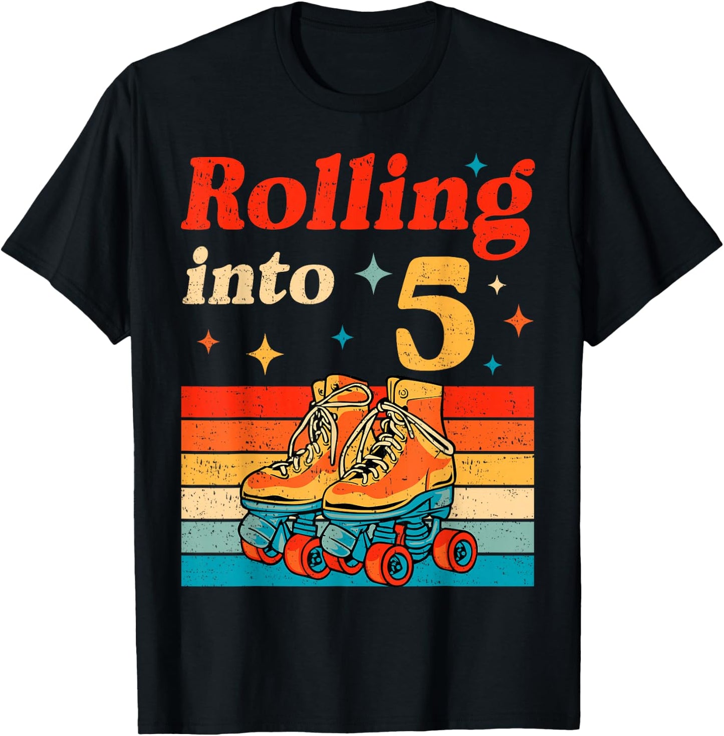Rolling Into 5 Years Old Retro Roller Skater 5th Birthday T-Shirt - T-Shirt | Black