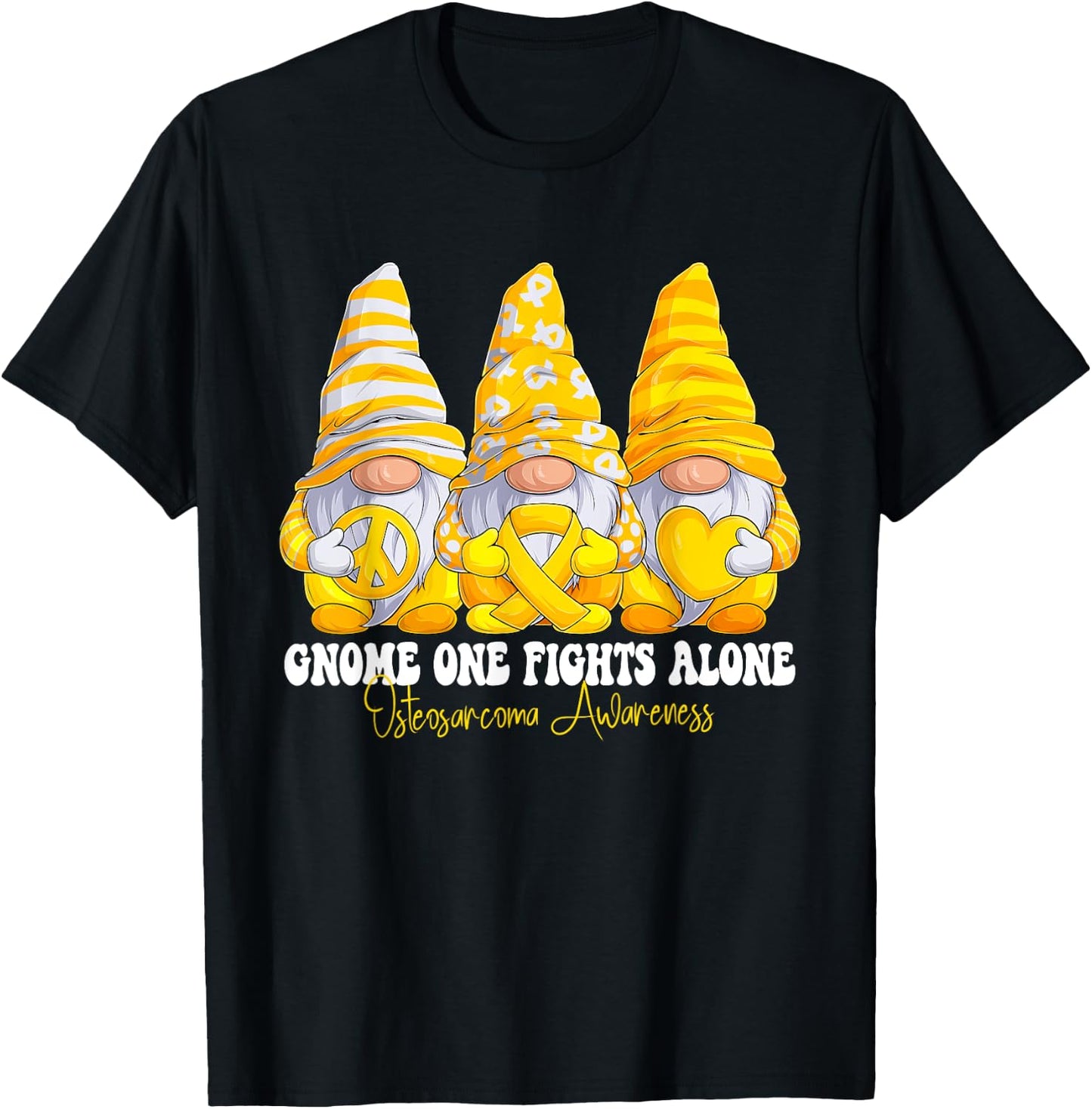 Osteosarcoma Awareness Month Yellow Ribbon Gnomies Support T-Shirt - T-Shirt | Black