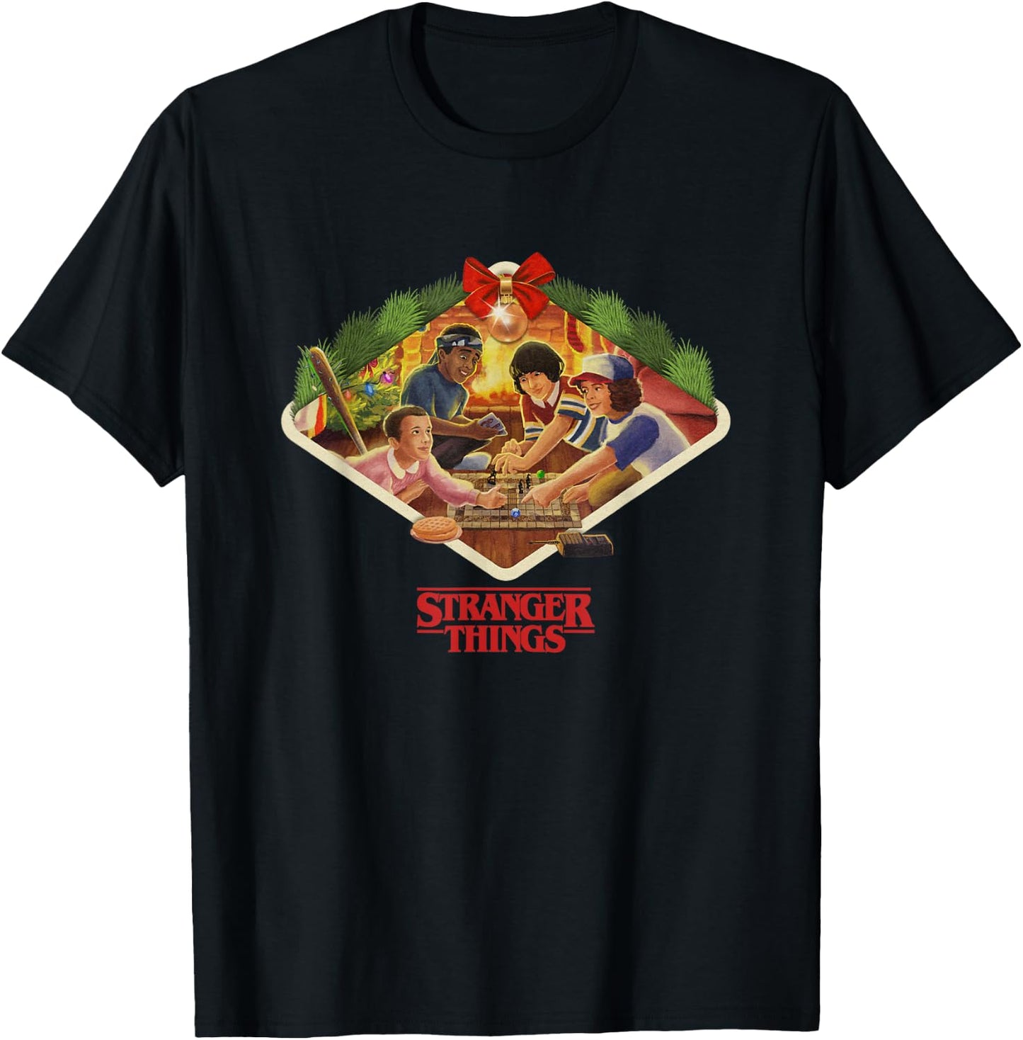 Stranger Things Christmas Main Characters Cozy Chest Frame T-Shirt - T-Shirt | Black