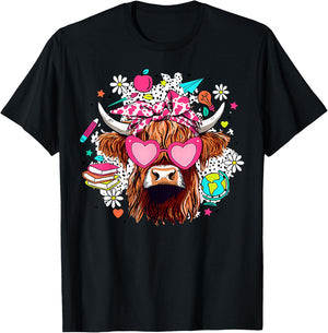 Retro Cute Highland Cow Teacher Bow Flower Heart Glasses T-Shirt - T-Shirt | Black