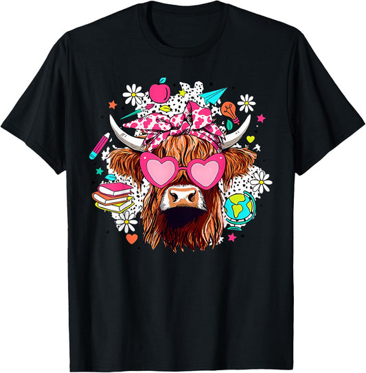 Retro Cute Highland Cow Teacher Bow Flower Heart Glasses T-Shirt - T-Shirt | Black