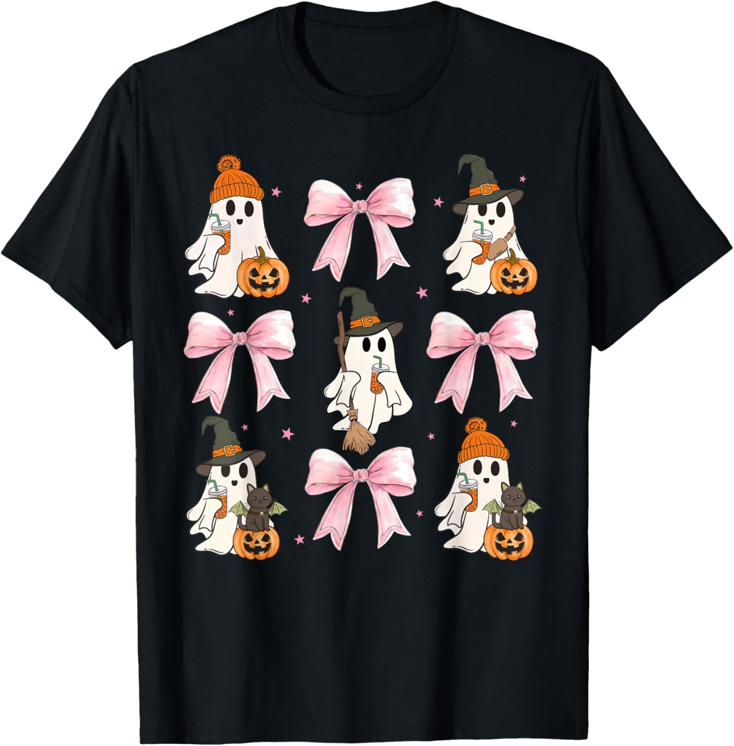 Pink Bow Cute Coquette Ghost Drinking Coffee Funny Halloween T-Shirt - T-Shirt | Black