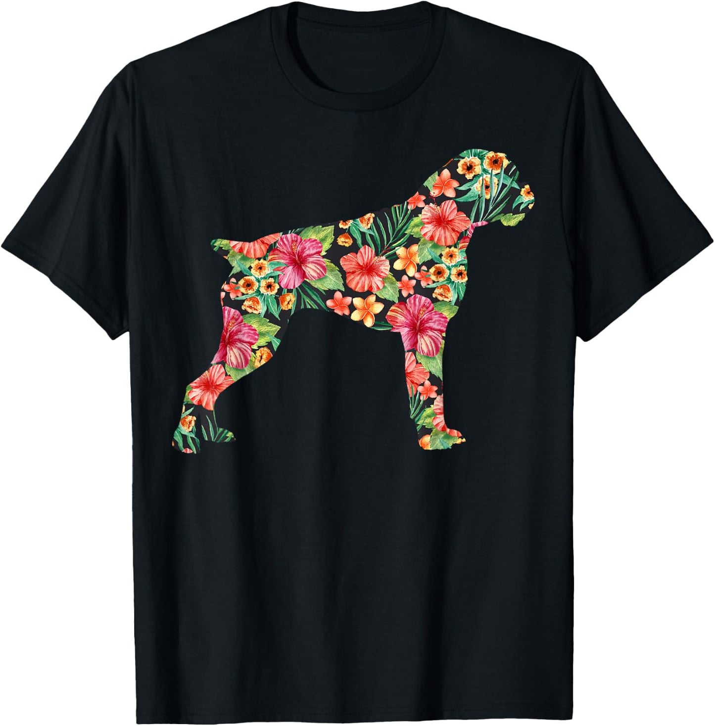 Boxer Flower Funny Dog Silhouette Floral Gifts Women Men T-Shirt - T-Shirt | Black